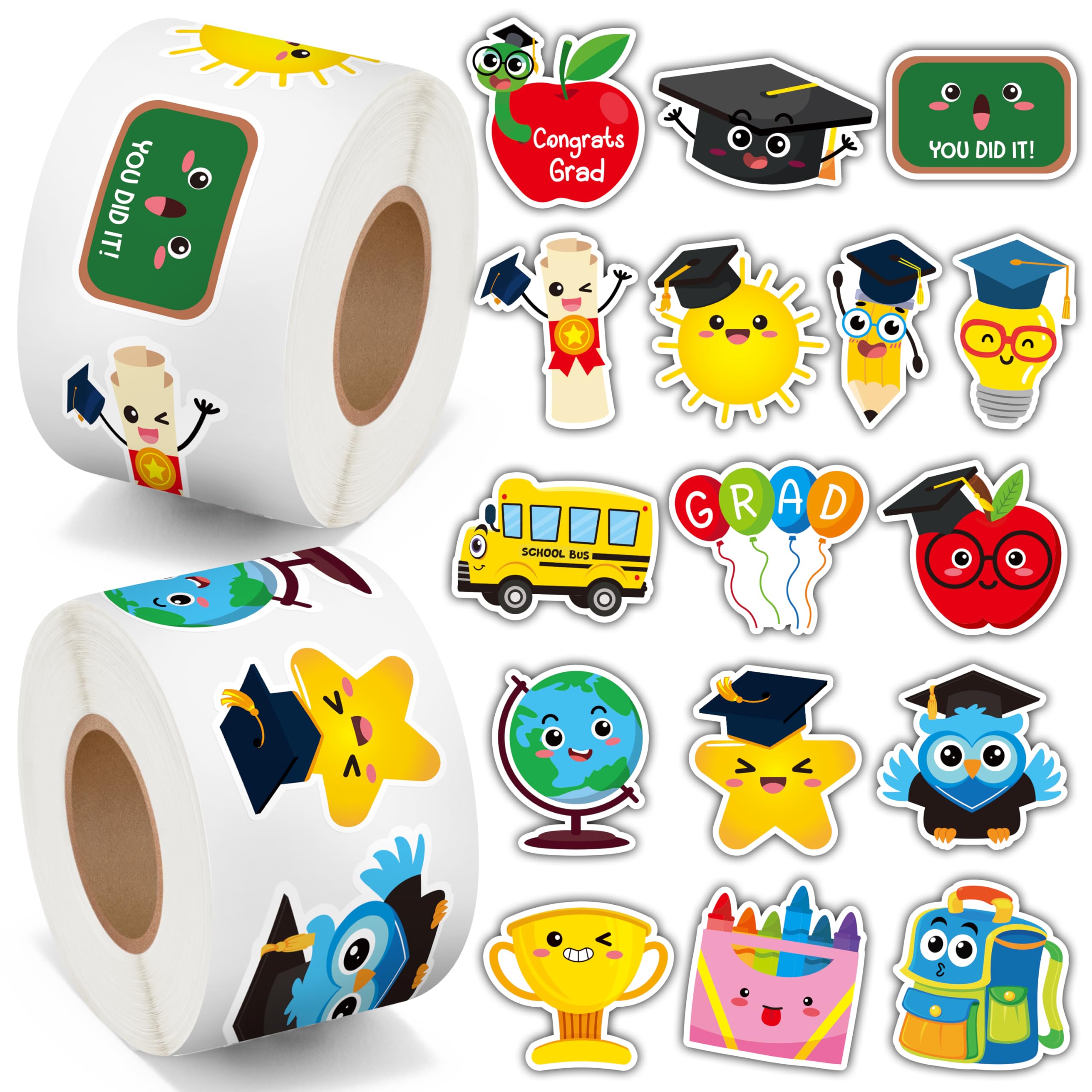 BeYumi Preschool Kindergarten Graduation Sticker - 1000Pcs Cute Cartoon Graduation Stickers in 2 Rolls Waterproof Vinyl Grad Cute Decal for Gift