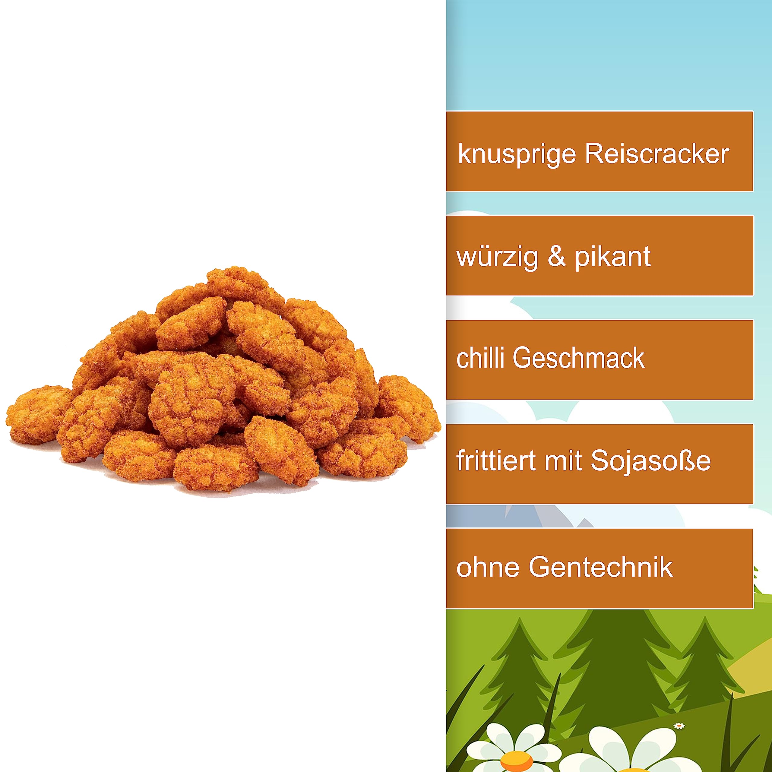 Reiscracker scharf 1,5kg | Asiatische Reiscracker mit Chili-Geschmack | würzig, pikant & knusprig | Reissnack frittiert mit Sojasoße | ungezuckert, Snack für zwischendurch – vegan