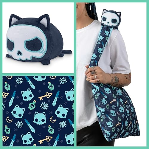 Miniatura 5 de TeeTurtle - Bolsa de peluche - Gato de calavera azul oscuro - de los creadores del peluche reversible original de pulpo - Lleva a tu amigo de
