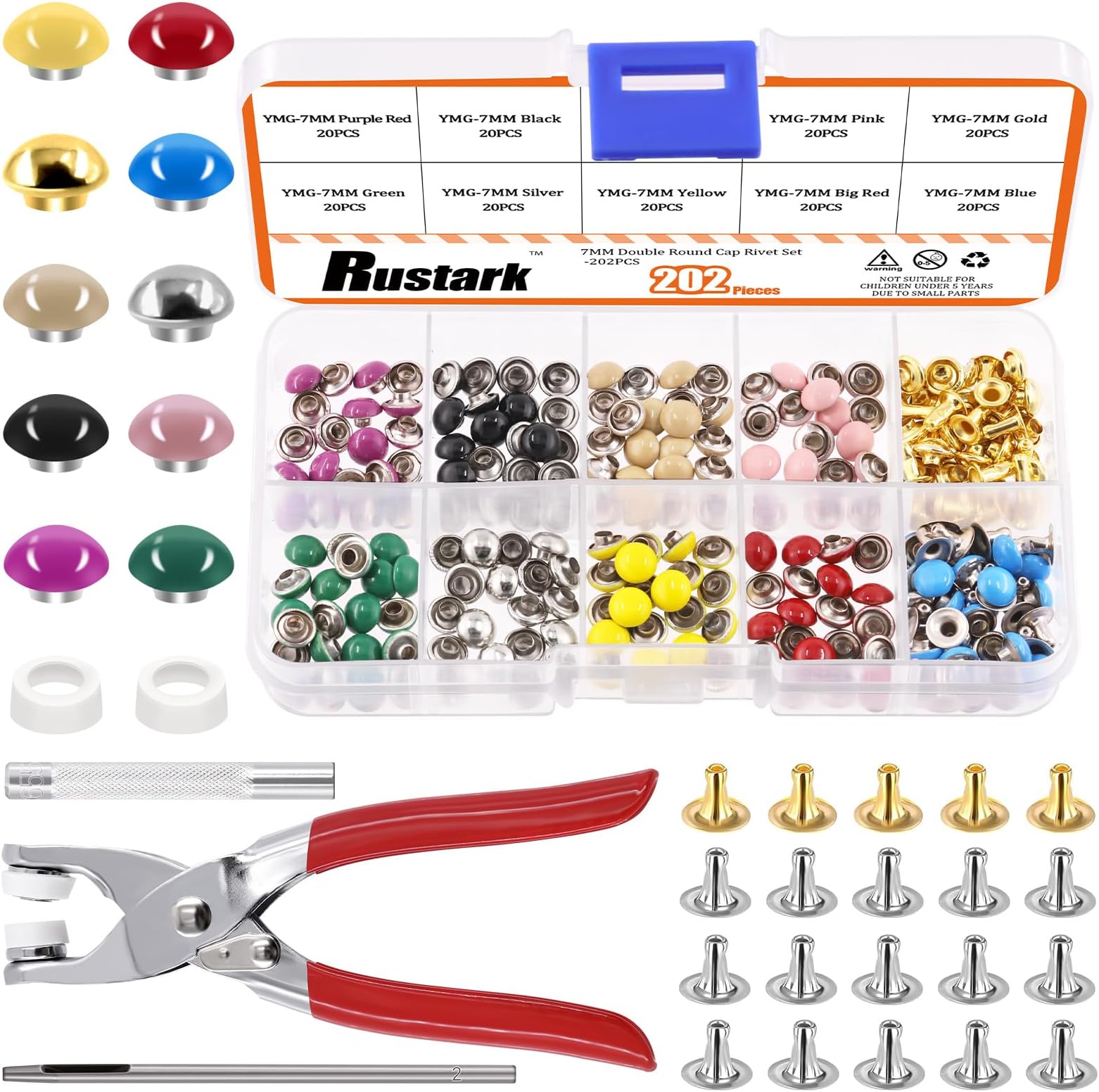 Rustark 200 Sets 7mm Double Round Cap Leather Rivets with 5Pcs Fixing Tools Kit, 10 Colors Double Cap Rivet Round Metal Studs for DIY Leather Craft Decorations