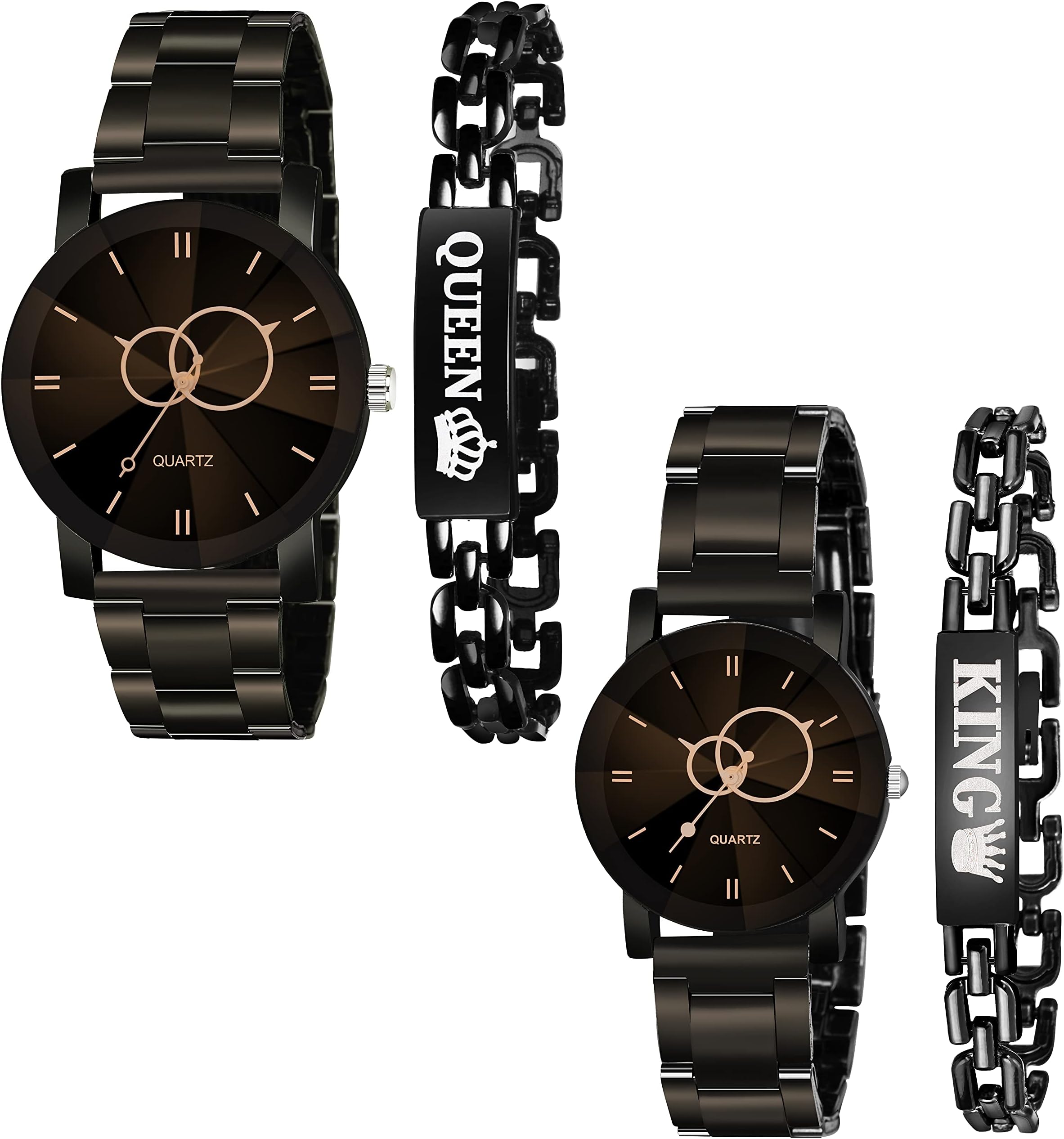 CERO Pack of 4 Black Metal Strap Analogue Watch and Bracelet Combo for Couple Watches (Black Metal)