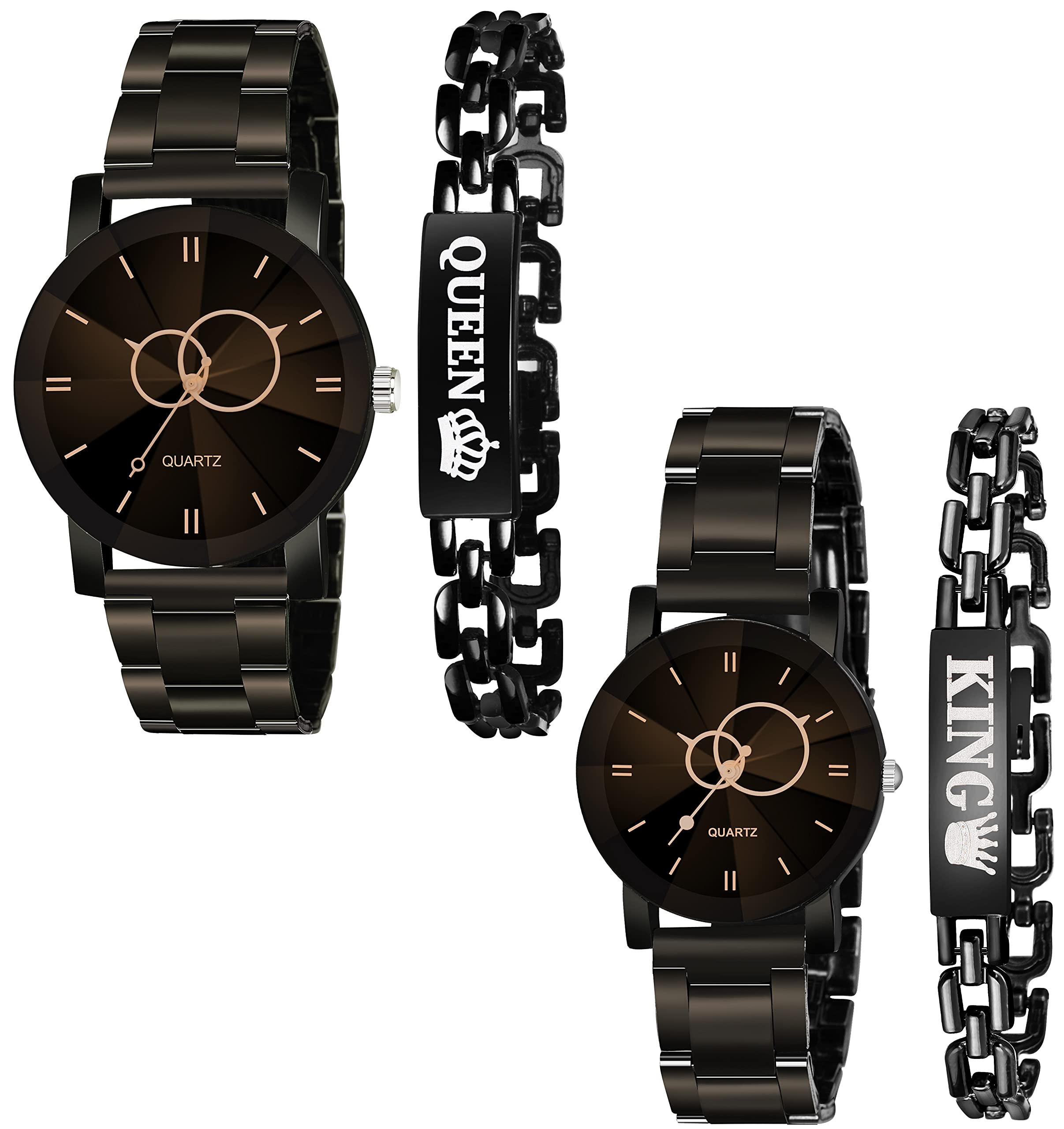 CEROPack of 4 Black Metal Strap Analogue Watch and Bracelet Combo for Couple Watches (Black Metal)
