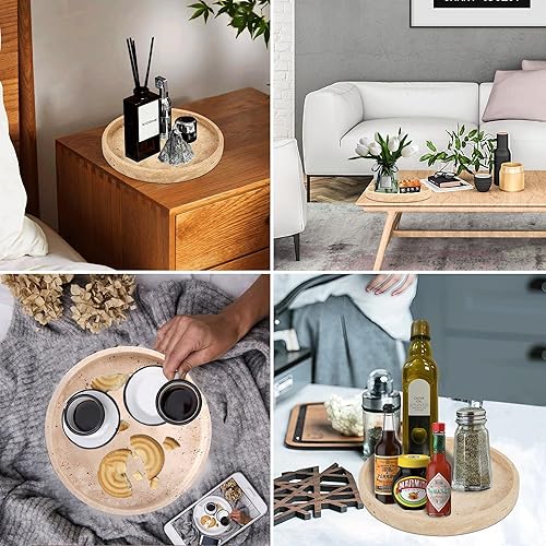 Miniatura 6 de WORHE Bandeja de tocador de travertino natural para baño, tocador, mostrador, decoración del hogar, bandeja decorativa redonda de mármol para velas,