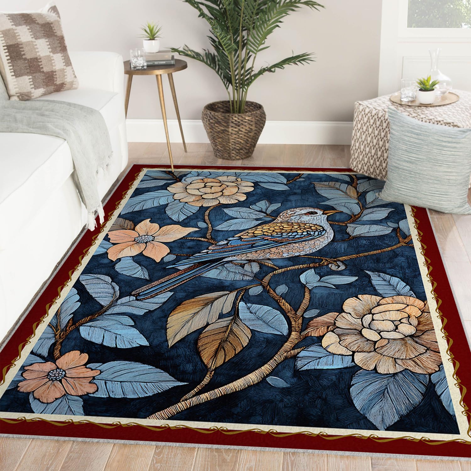 Tapis 100x150cm fleuri vintage bleu lavable pour salon