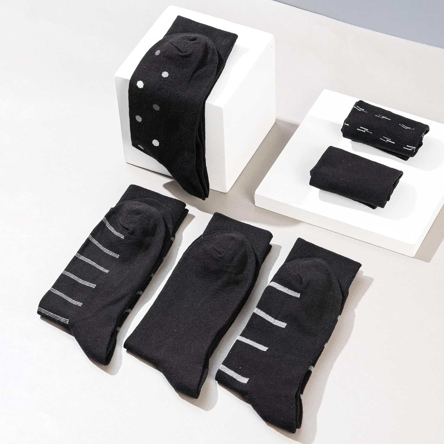 GLENMEARL Mens Dress Socks 6 Pack, Classic Patterned Black Combed Cotton Casual Mid Calf Socks for Men, Size 10-13 - Image 4