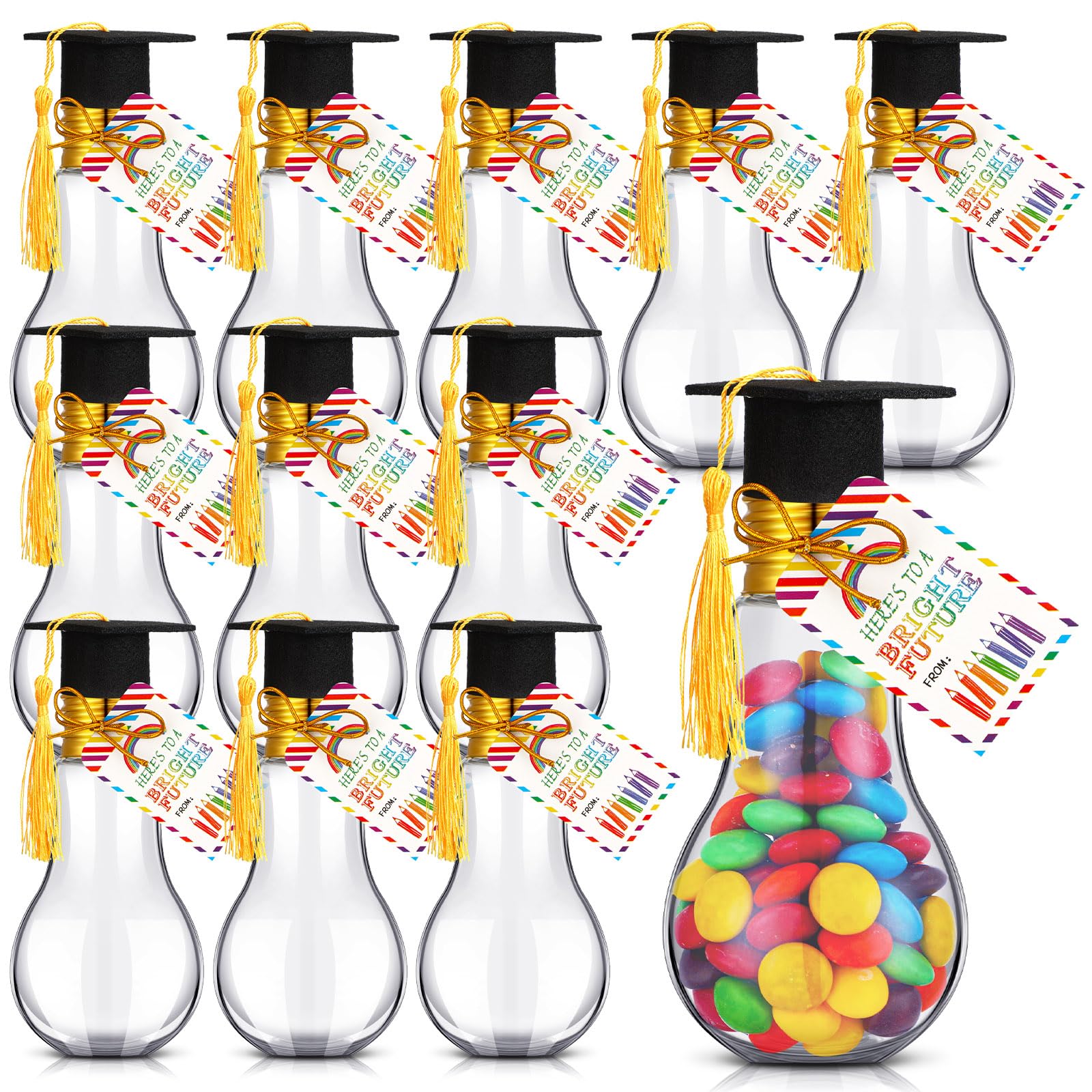 PullCrease 24 Sets Kindergarten Graduation Gift Include 24 Plastic Light Bulb Fillable Candy Jar, 24 Mini Graduation Caps with Congratulations Card and String for Graduation Party Ornaments Crafts