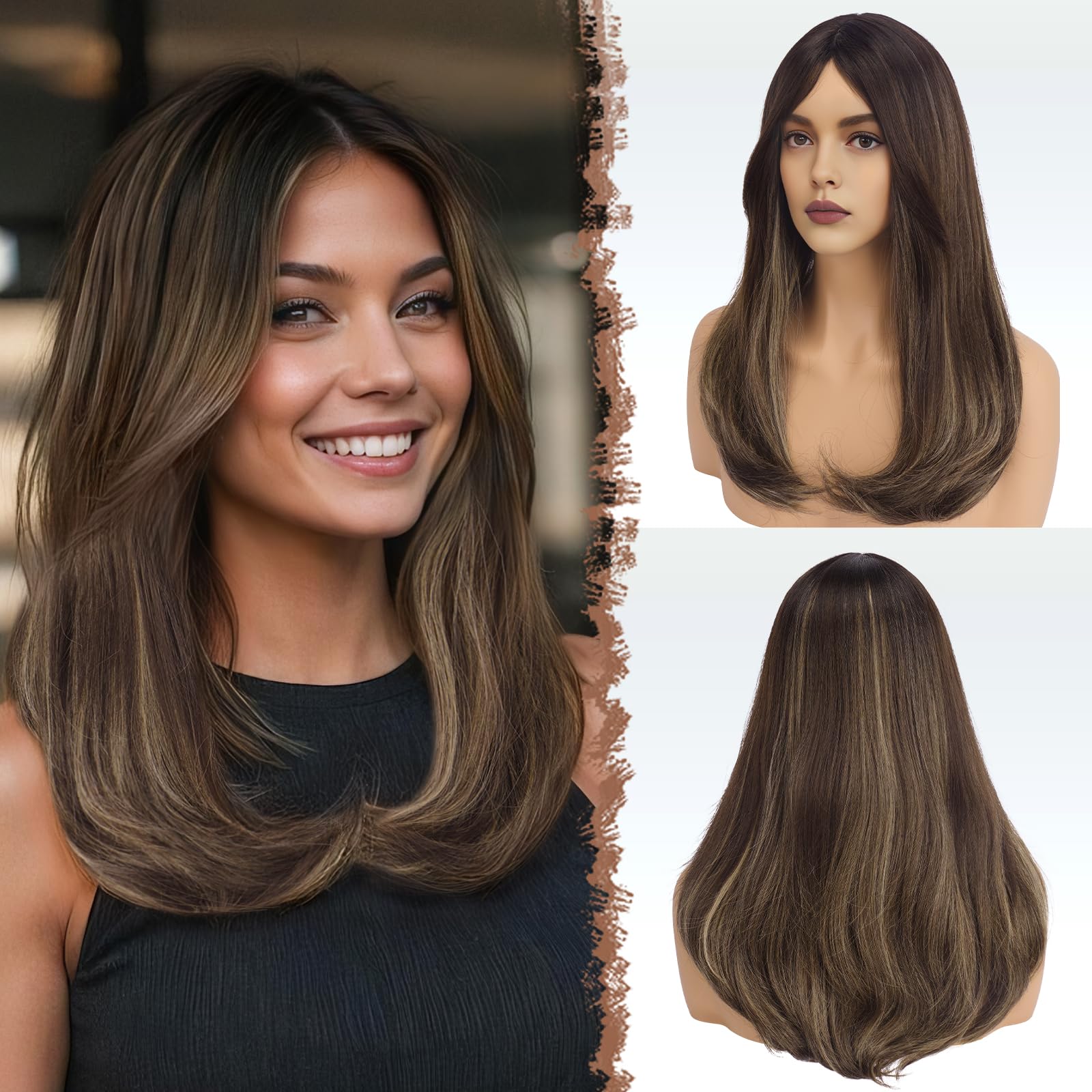 FESHFEN Ombre Brown Blonde Wigs with Bangs for Women Synthetic Natural Looking Long Layered Straight Hair Wig for Daily Party Use 18 inch