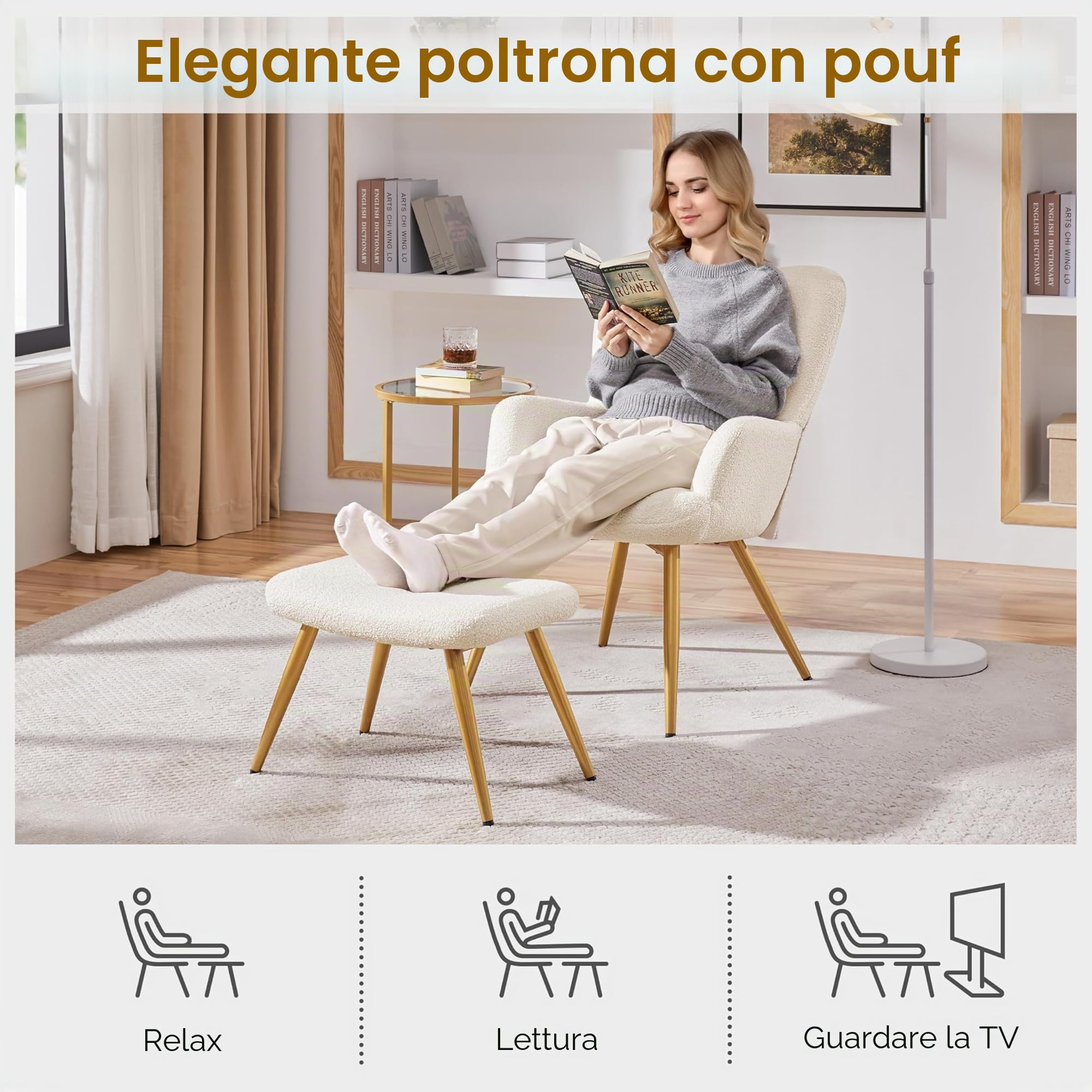 Yaheetech Poltrona Imbottita con Sgabello Poltrocina in Tessuto Boucle con Schienale Pieghevole Gambe in Metallo Sedia per Soggiorno Camera da Letto Lettura Caffè Avorio