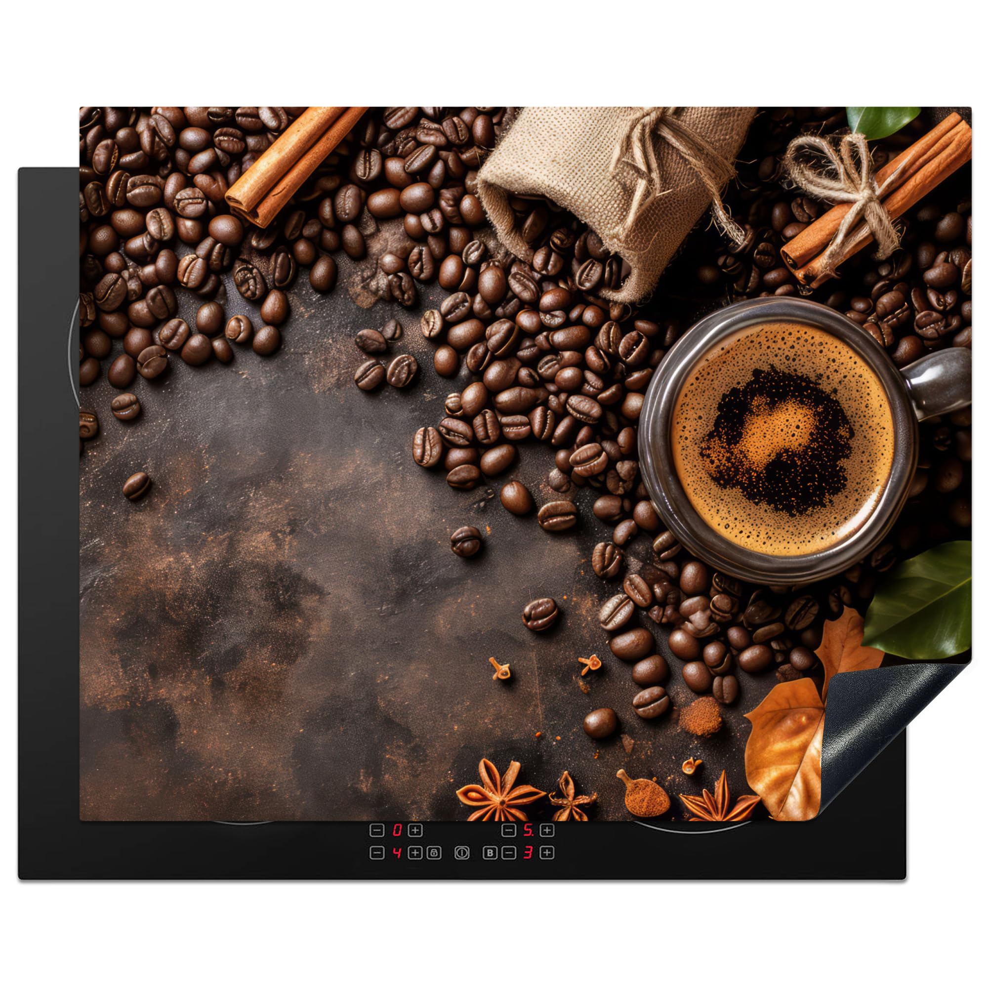 KitchenYeah© Induction Hob Cover Protector Mat 20.5"x25.6" / 65x52 cm Kitchen Universal Ceramic Covers for Electric Cookers Vinyl Coffee - Kitchen - Coffee Beans - Leaves