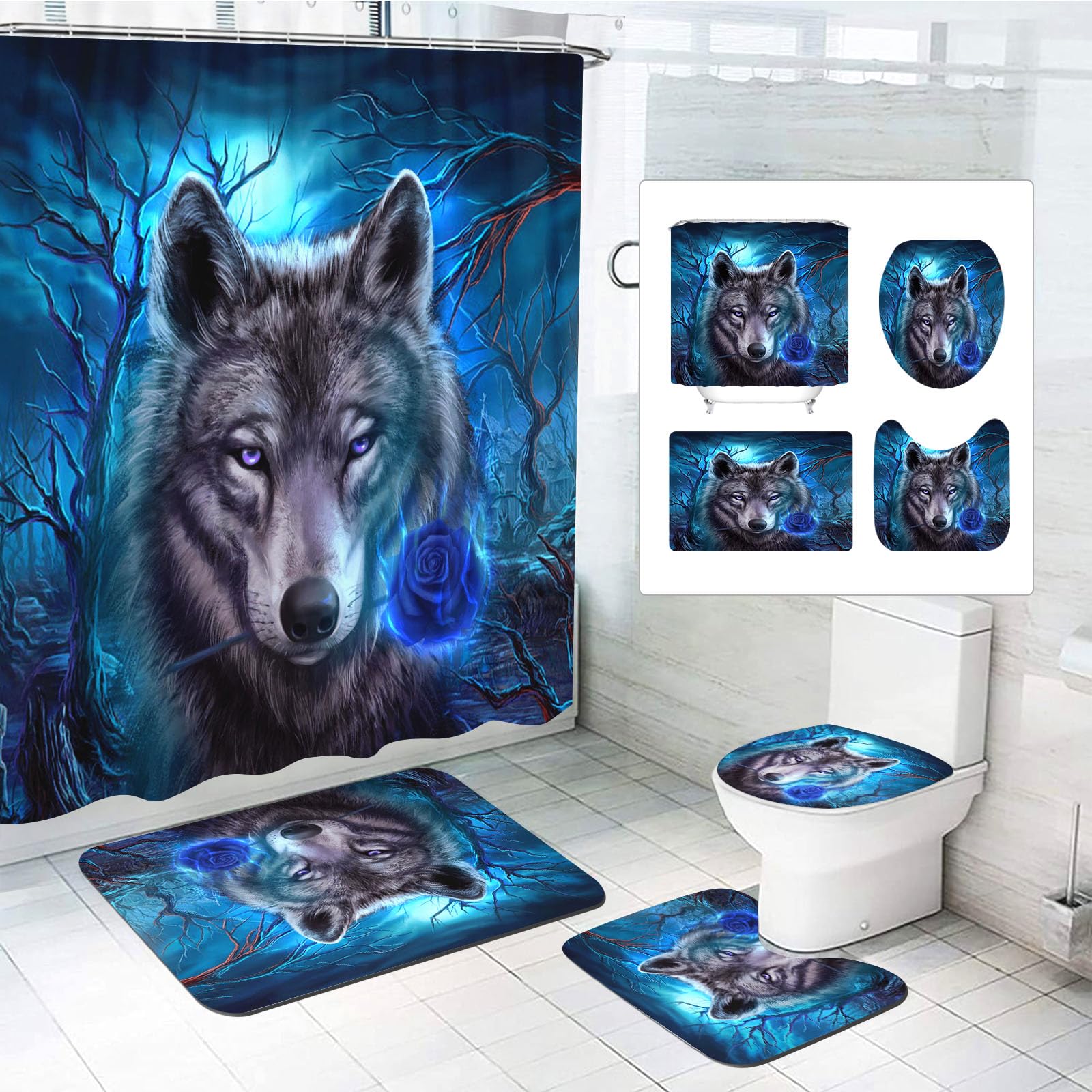 SMchwbc Wolf Shower Curtain 180 x 180 cm 180 x 200 cm Wolves Textile Forest Animal Shower Curtains Set Polyester Fabric Wild Animals Shower Curtains Bathroom Rug 4-Piece Set (200 x 200 cm (W x H), 4)