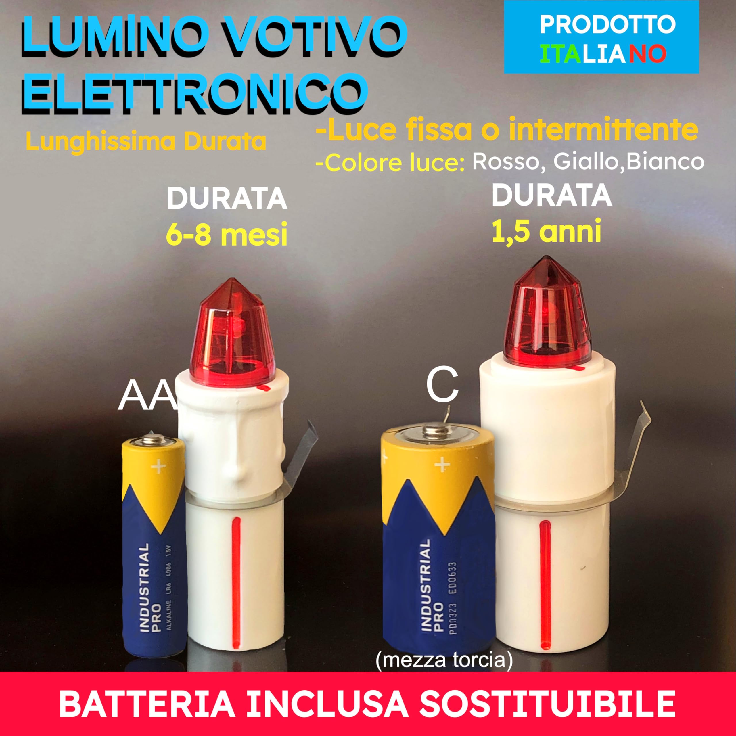 LÁMPARA ELECTRÓNICA VOTIVA PARA CEMENTERIO - BATERÍA DE LARGA DURACIÓN 1,5 AÑOS/8 MESES | Velas LED a pilas para cementerio de larga duración 245/547 días. (ROJO INTERMITENTE, GRANDE - NICHOS)