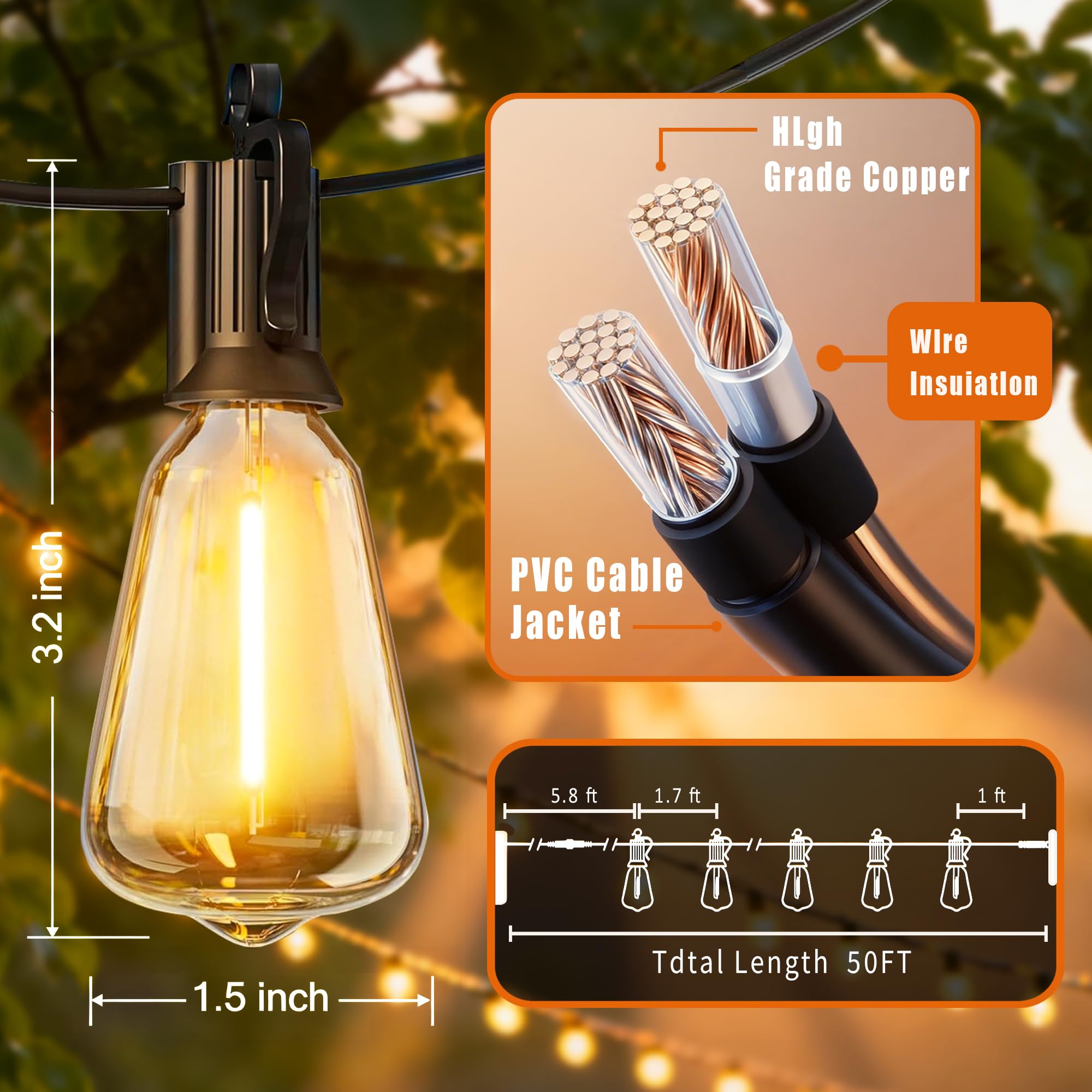 Cadena de luz solar impermeable para exteriores, cable de 50 pies y 25 bombillas inastillables, cañón de luz regulable con control remoto, adecuado para patio, terraza, balcón, iluminación de
