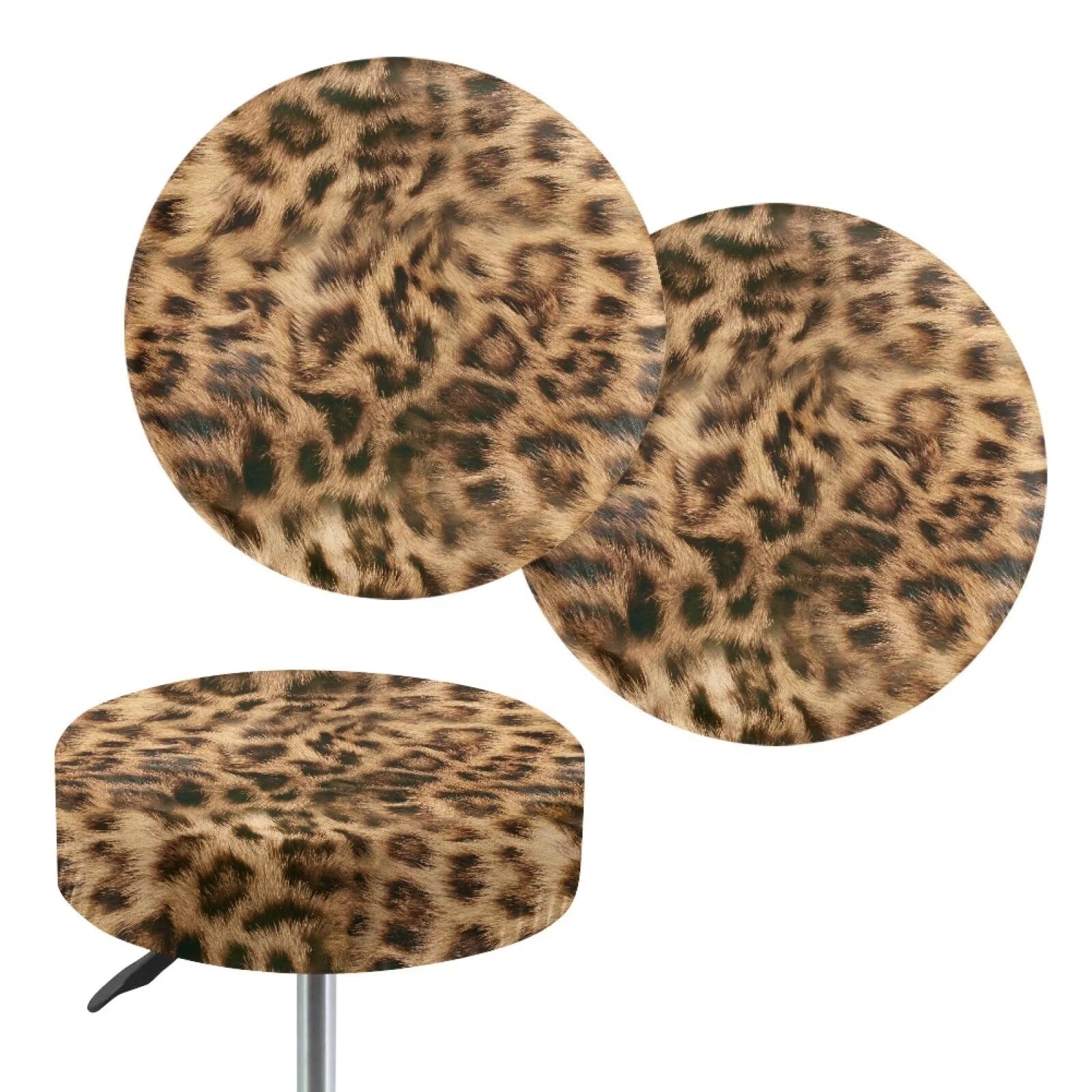 Psesaysky Leopard Round Bar Stool Covers Soft Waterproof Circle Chair Covers with Elastic Band Non-Slip Elastic Stool Covers Round 2 Packs