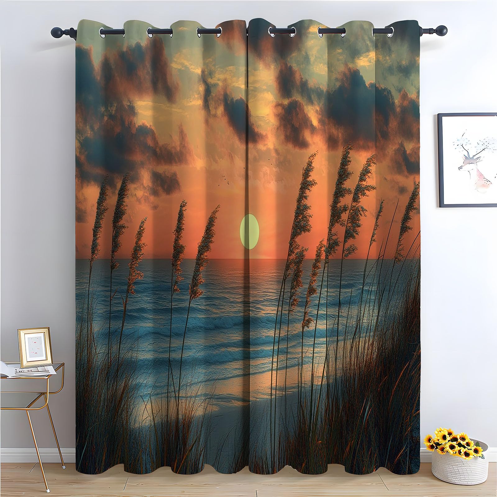 WIKEO Floral Curtains Beach Weeds Scenery - Botanical Pencil Pleated Drapes - for Bedroom Drop Eyelet Curtain, Thermal Insulated Blackout 2 Panels-52 W x 96" L (Pack of 2)