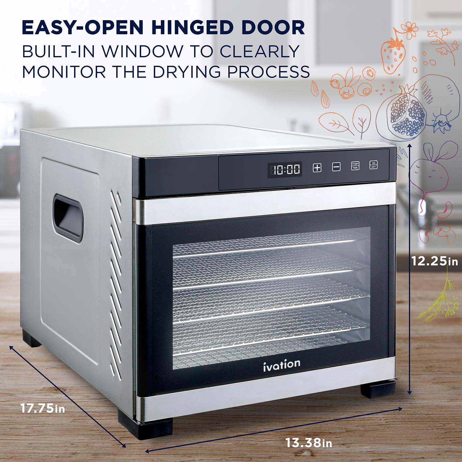 Ivation - Máquina deshidratadora de alimentos comercial de 6 bandejas | 600 W, fácil instalación, temporizador digital ajustable y control de temperatura | Secadora para ceca, hierbas, carne, carne de