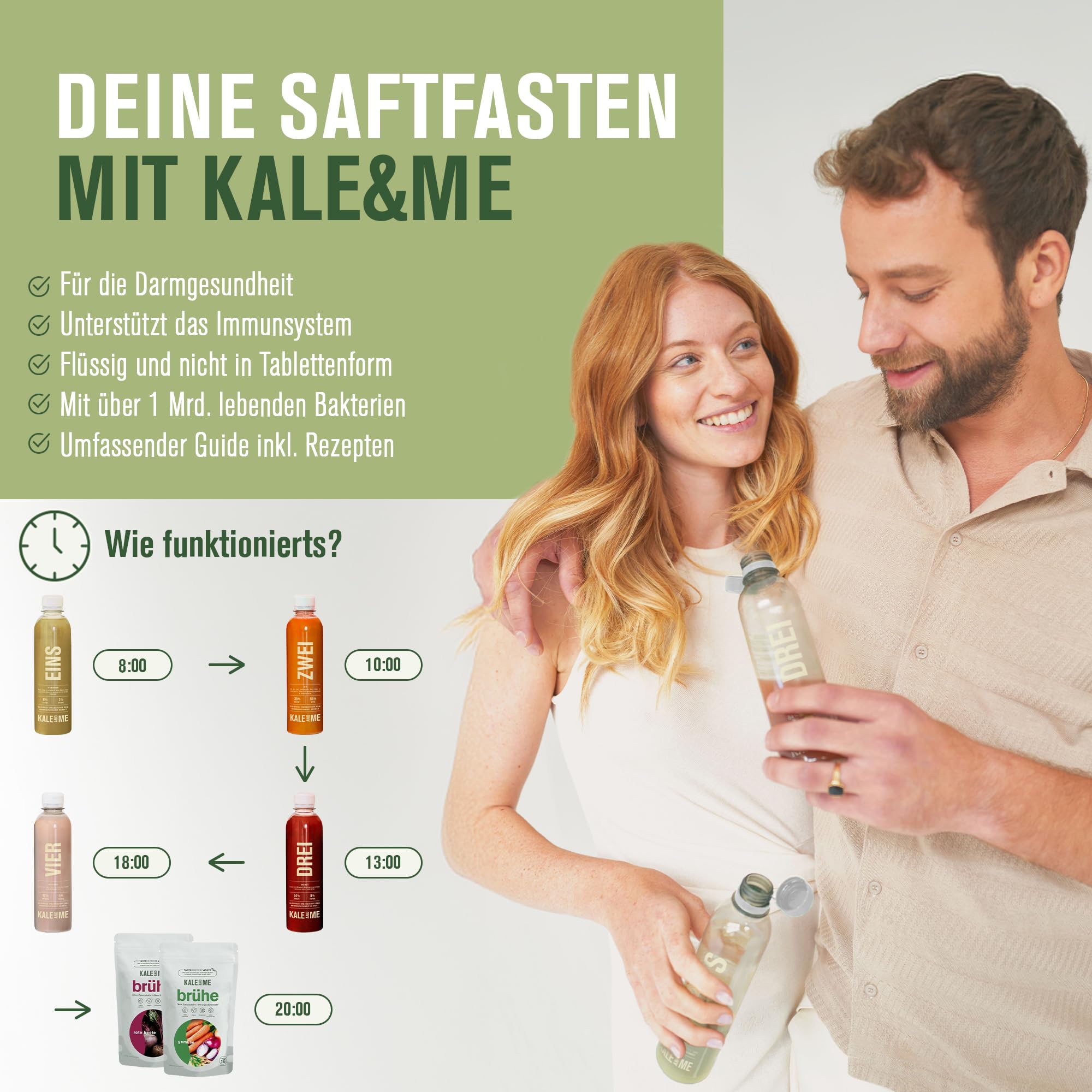 Kale&Me Saftfasten Intensiv 5 Tage – 20 nummerierte Flaschen mit je 320 ml | komplettes Programm mit Säften, Brühe & Fastentee, vegan, ohne Zusatz- & Konservierungsstoffe, mit Kurguide