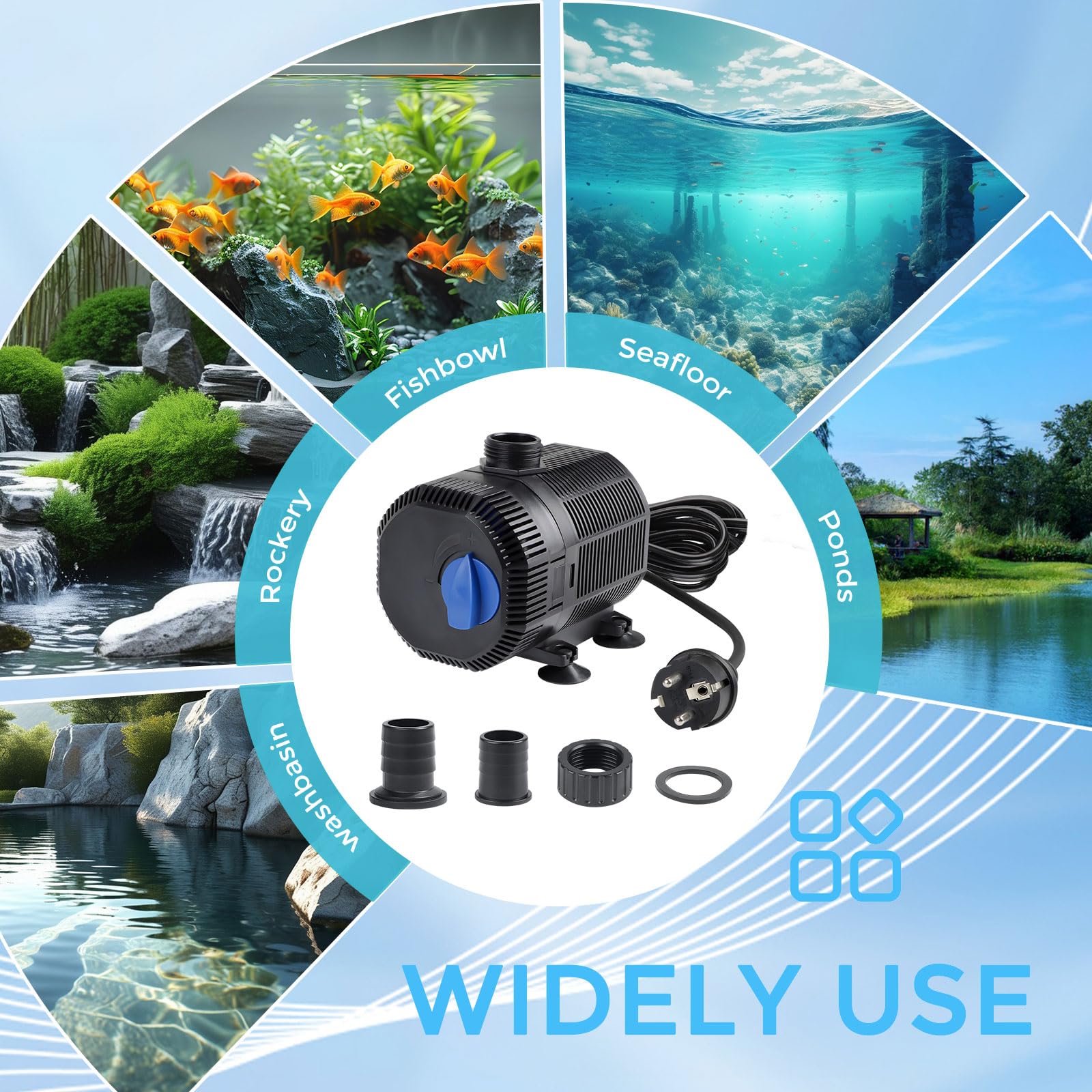 EXLECO Bomba de Agua Sumergible 45W con Filtro, 2700L/H, Cable 10M, 2 Boquillas para Estanque y Fuente de Jardín