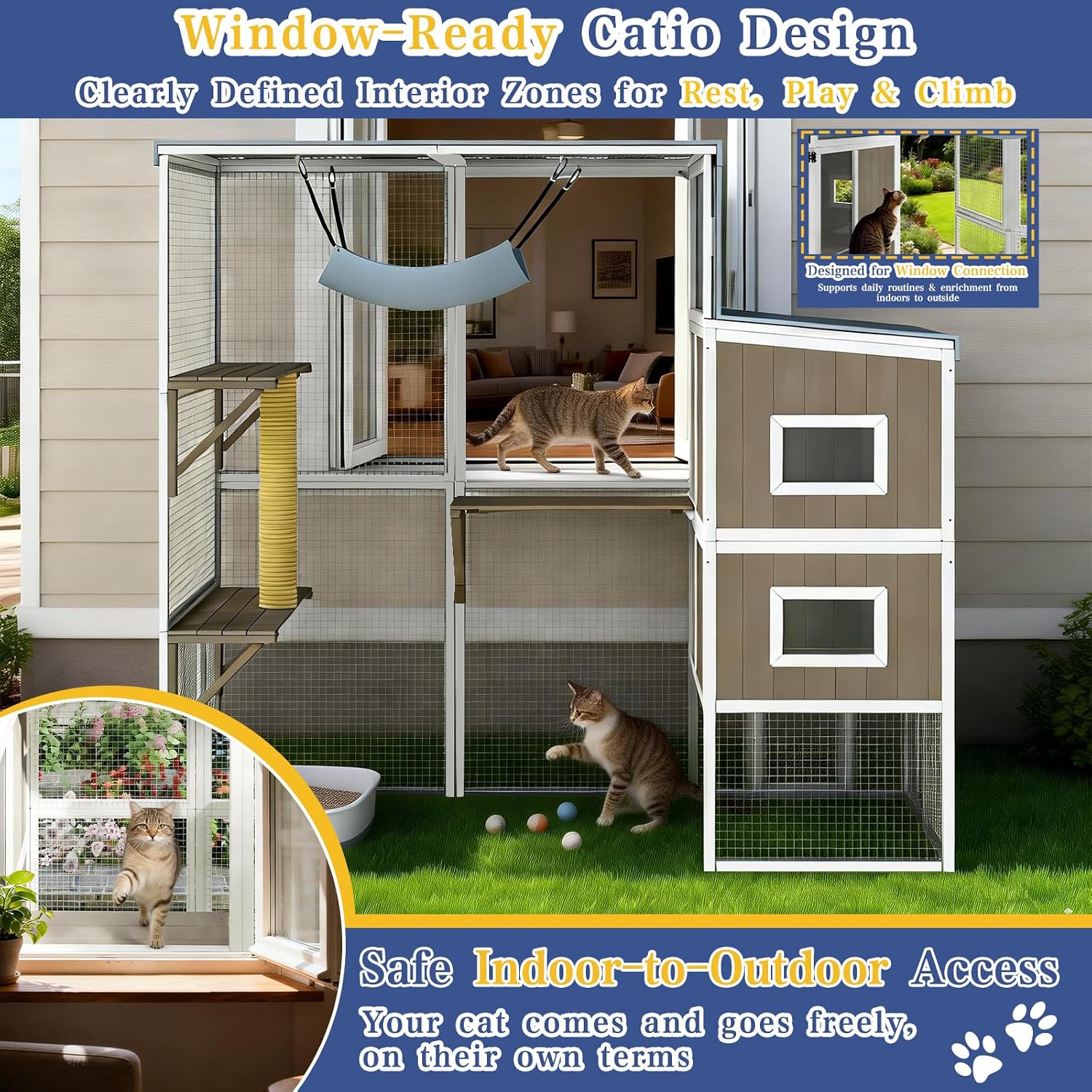 PetsCosset Large Catio Outdoor Cat Enclosure Large Cat House for Multiple Cats, Walk-in Kitty Cage with 4 Level Platforms, 2 Acrylic Rest Houses, Scratching Post, Weatherproof Roof, Expandable Design