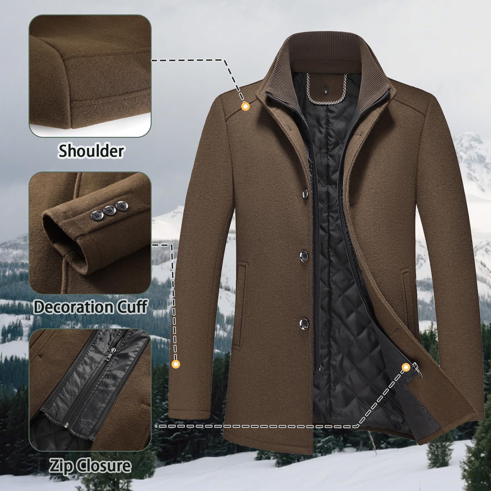 KUDORO Cappotto invernale da uomo, in lana, lunghezza media, con colletto alto, slim fit, per lavoro, tempo libero, peacoat casual