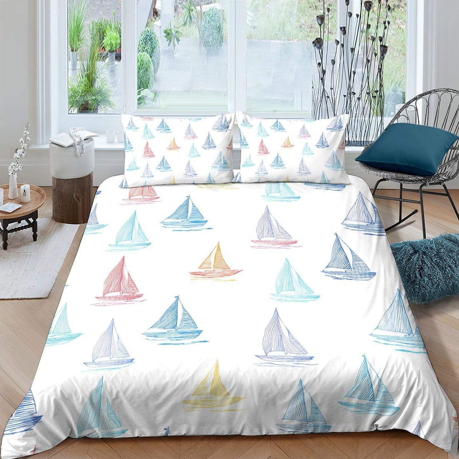 Ctjqhvkz Style-1 3D Printed Sailboat Fitted Sheet Microfiber Colourful Nautical Bed Sheet For Adult Teen Bedroom Apartment Decor Single（135X200cm）