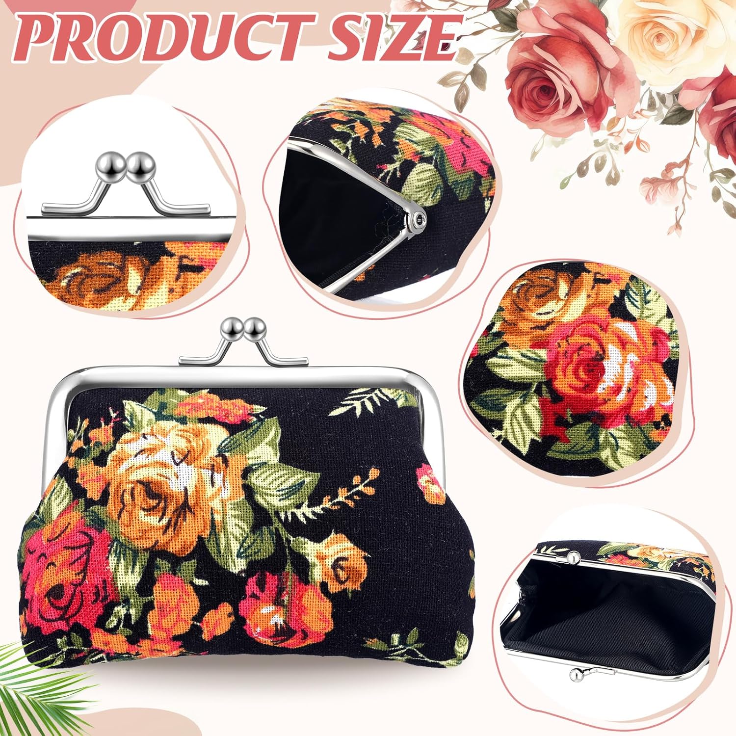 16 Pcs Vintage Canvas Floral Kiss Lock Coin Purses Bulk Rose Flower Change Wallets for Mother Day Women Gifts(4.7 x 3.5 Inch)