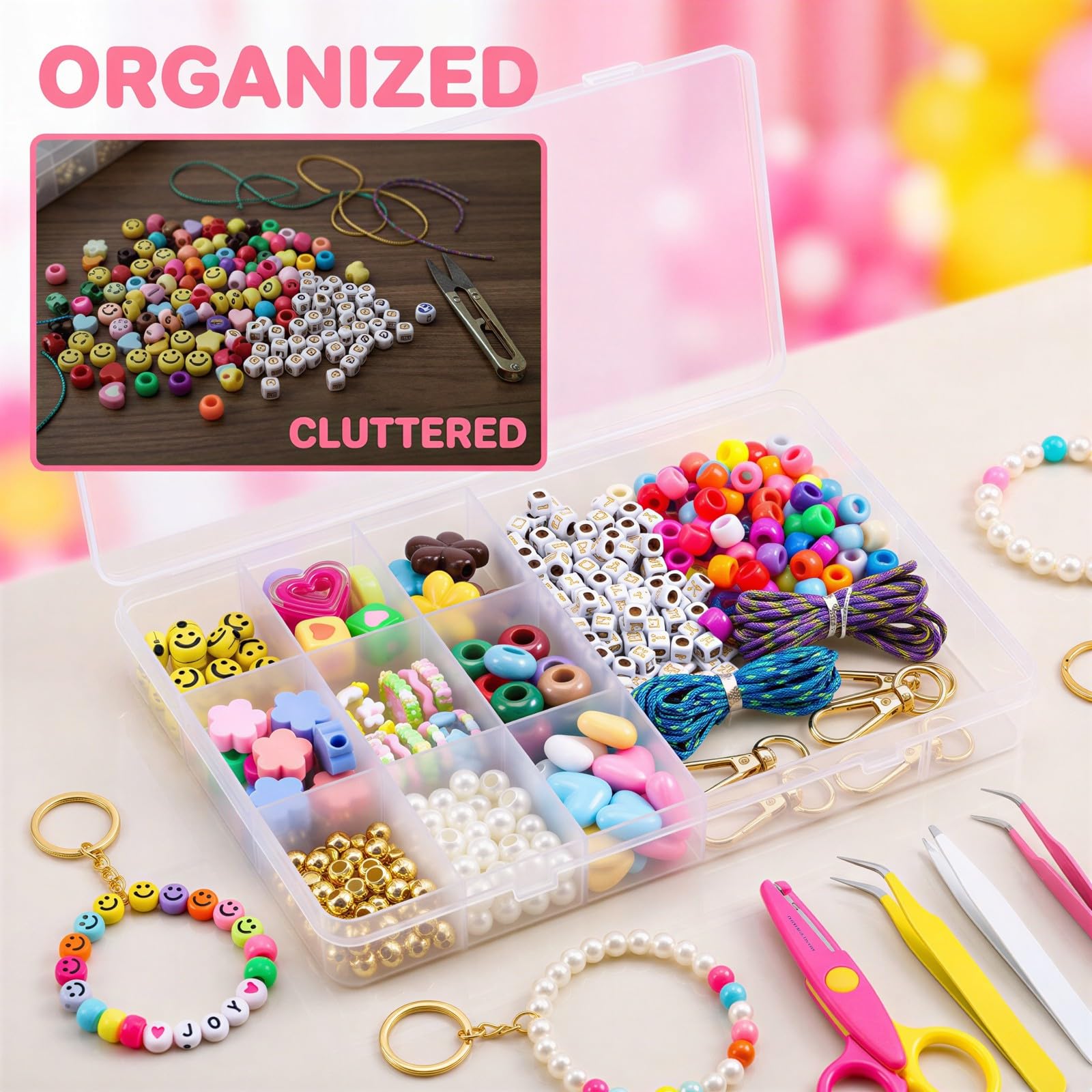 448-teiliges Schlüsselanhänger-Bastelset, DIY-Schmuckset mit Smiley-, Herz- und Buchstabenperlen für Weihnachtsgeschenke, Perlen-Keychain-Set mit 10-Fächer-Aufbewahrungsbox