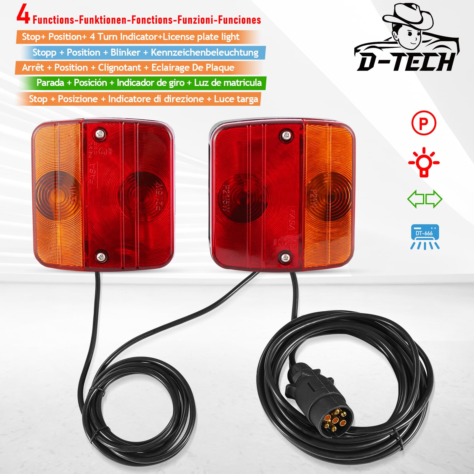 D-TECH Pilotos Traseros Remolque Con Iman, Juego de Luces Traseras Remolque Magneticas Homologados, 12V Kit Pilotos Remolque, Luces Traseras Remolque Con Cable 2.5/7.5M, Homologación ECE