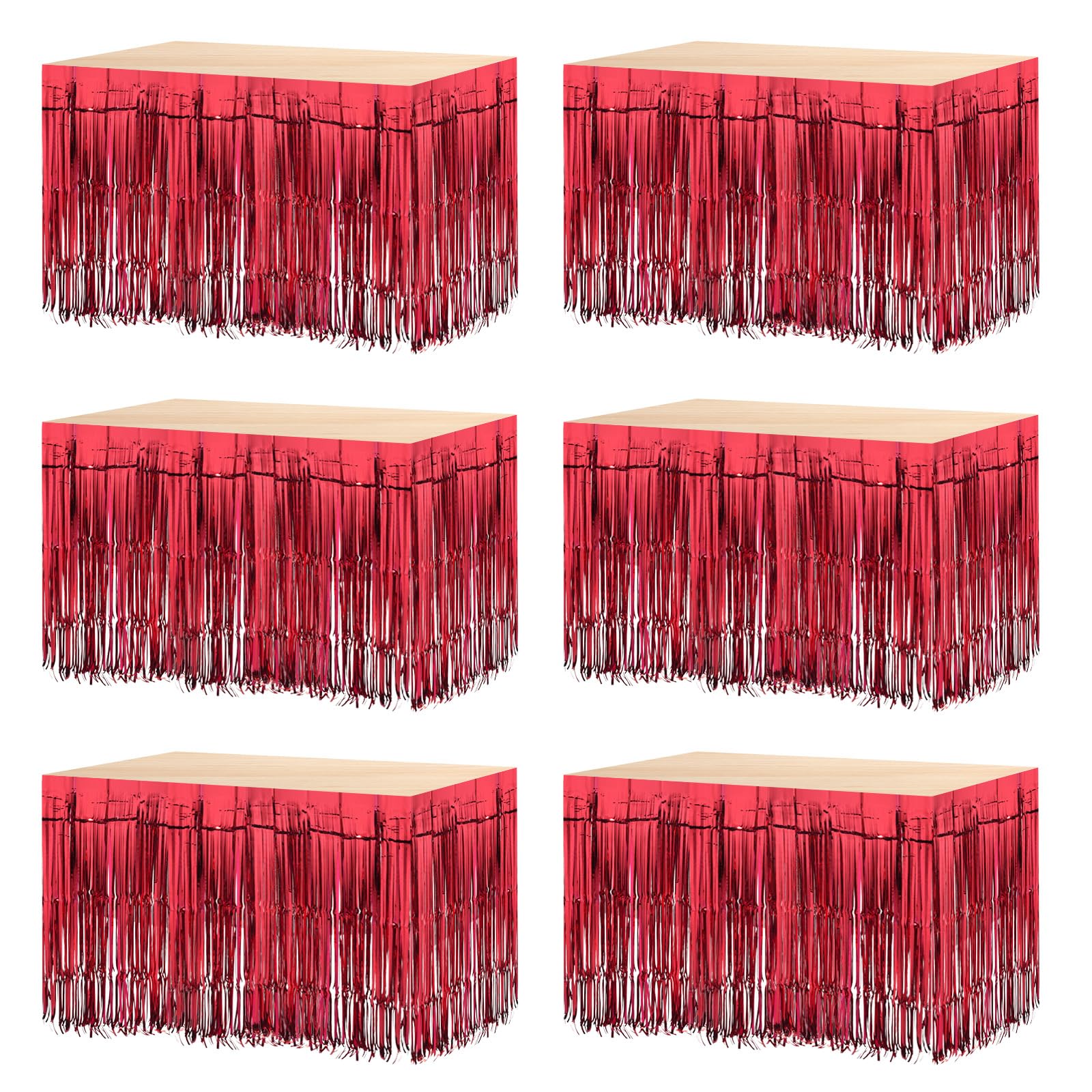 MECCANIXITY 6 Pcs 29x108 Inch Red Metallic Foil Fringe Tinsel Table Skirts for Rectangle Tables Tinsel Backdrop Curtain for Wedding Birthday Party Decoration