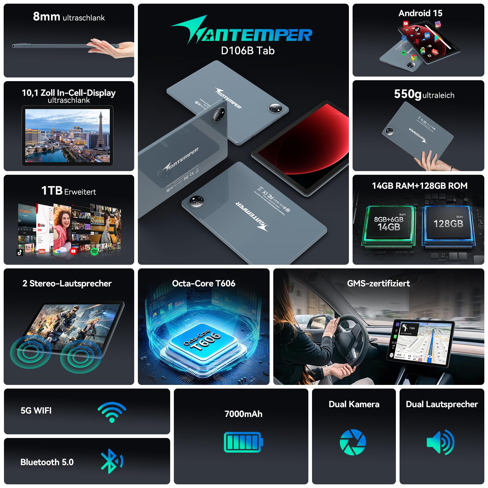 ANTEMPER Tablet, Android 15 Tablet PC mit SIM-Karte Slot 4G LTE Anrufe, 14GB RAM+128GB ROM (1TB TF), Octa-Core, Tablets 10 Zoll Gemini AI, 13MP+8MP, 7000mAh, GPS, Face ID, 2-in-1 Tablet, Grau 2026