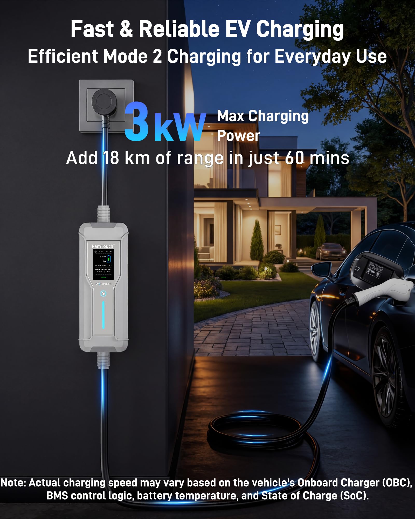 RamTouch Portable EV Charger (3 kW, 13 A, 15 m, IP67) | UK 3-Pin Plug to Type 2 | Mode 2 Granny Charging Cable with Adjustable 6A–13A, Smart Timer & LCD Display, AC/DC RCD Protection for EVs & PHEVs - 3