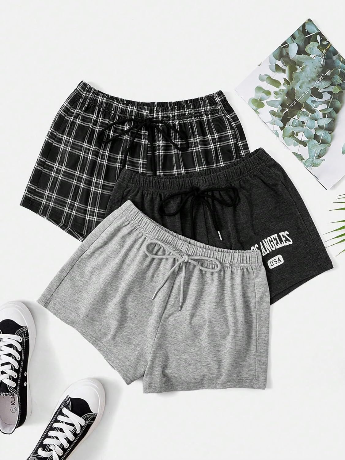 WDIRARA Women's 3 Piece Plaid Pajama Shorts Elastic Waist Letter Graphic Printed Tie Front Sleep Shorts - Image 5