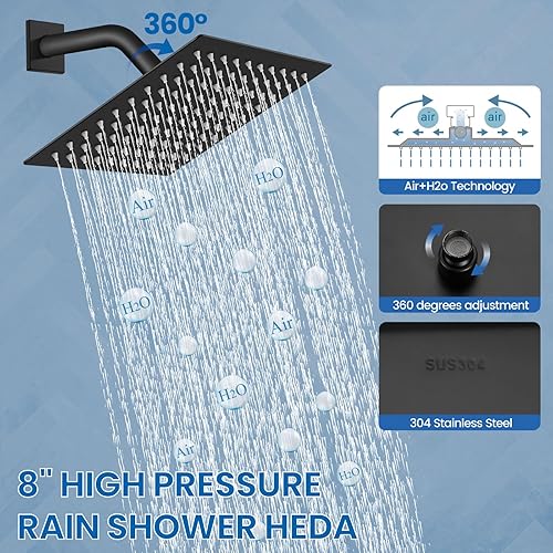Miniatura 8 de Airuida Juego de grifo de ducha para baño, sistema de ducha de lluvia de 8 pulgadas, cabezal de ducha cuadrado de una sola función, 1 mango con
