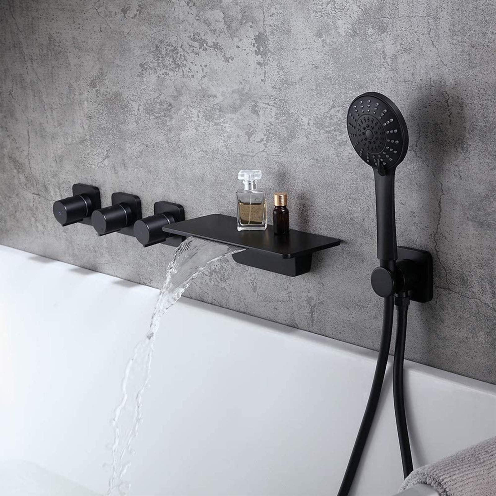 Grifo de bañera en Cascada, Grifo de bañera Romana con Ducha de Mano, Grifo de bañera de latón Macizo de 3 manijas y 5 Orificios, grifos de bañera de Montaje en Pared, Negro Mate.