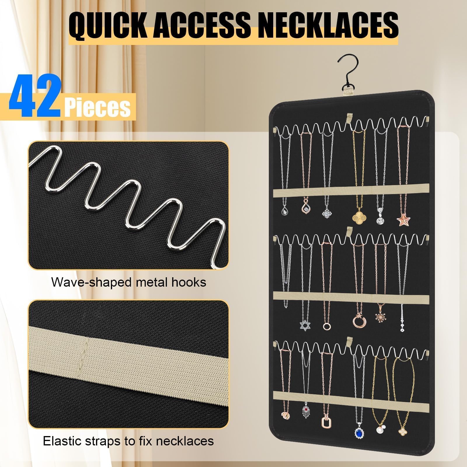 Linkstyle Dual-sided Jewelry Organizer, Jewellery Door Hanger with 48 Pockets and 42 Hooks, Hanging Jewelry Holder - Image 3