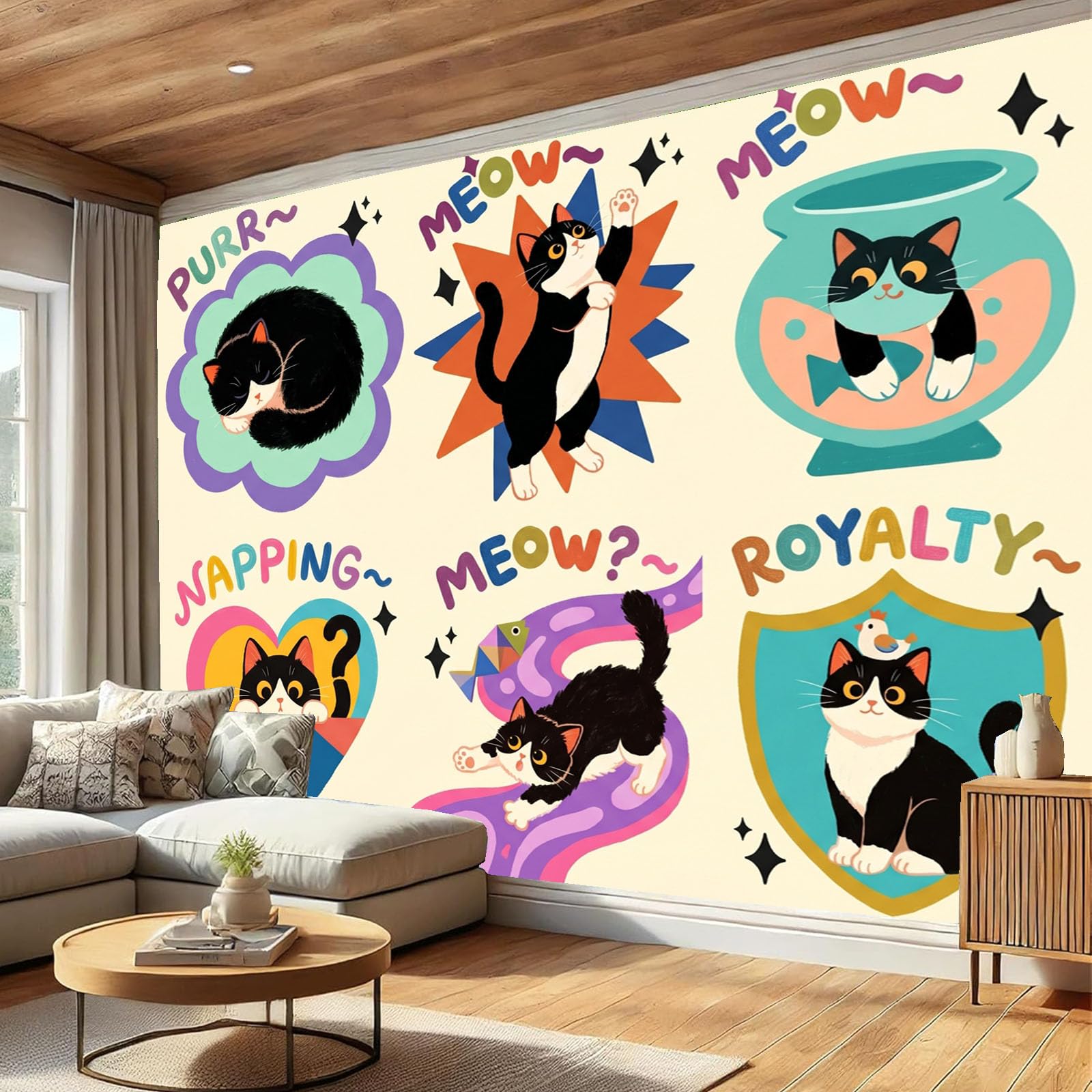 Papier peint panoramique chat 3D : masquez les imperfections du mur avec style