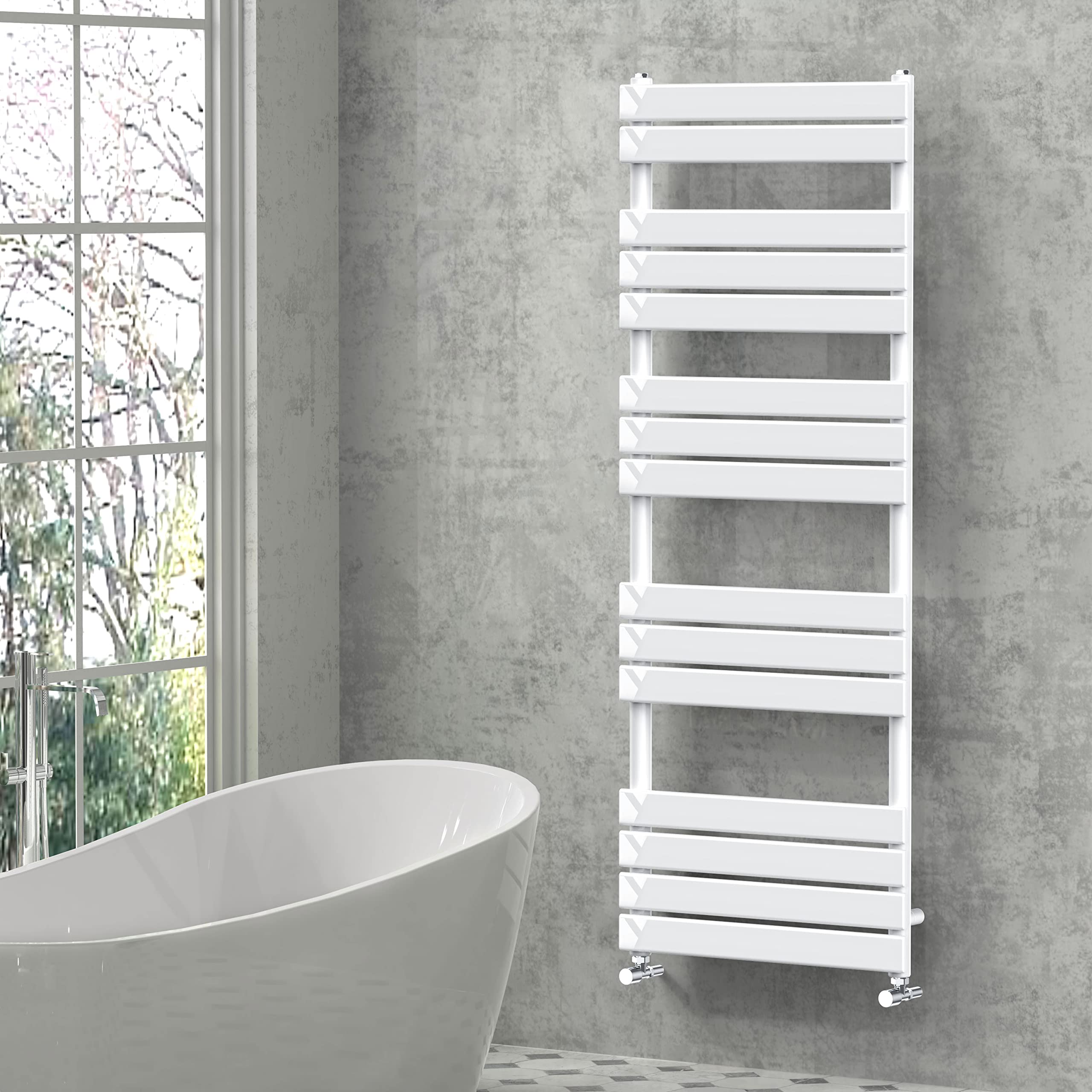 NRG Designer Bathroom Flat Panel Heated Towel Rail Radiator Modern Central Heating Warmer Wall Mounted Ladder Rad 1600×600mm Gloss White