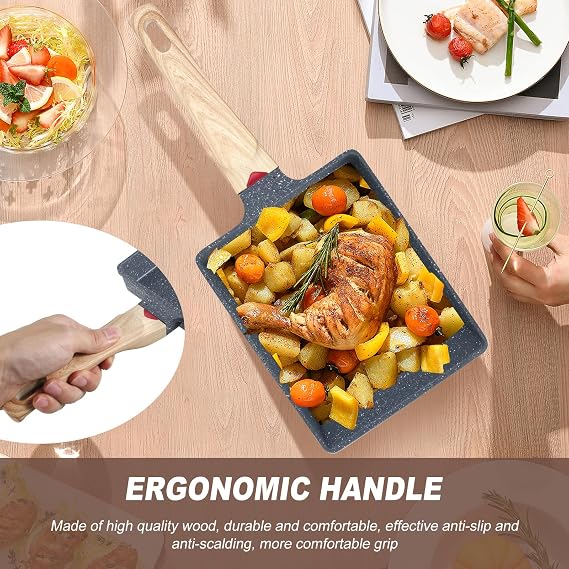 Tamagoyaki Pan Japanese Omelette Pan - Nonstick, Rectangle Egg Frying Pan with Spatula & Whisk, Wooden Handle, Dishwasher Safe, 19.6 x 16 x 4cm