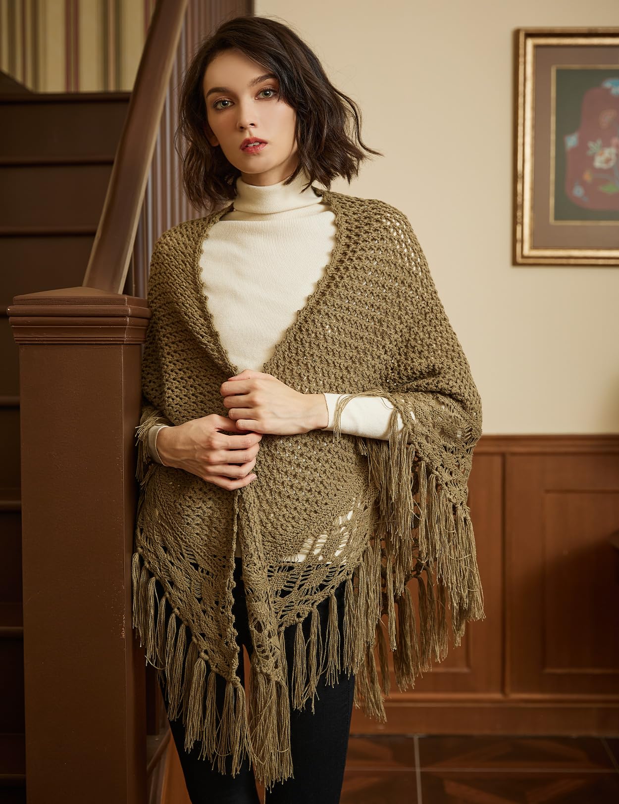 BEAUTELICATE Chal de Ganchillo Mujer Bufanda Punto Triangular Larga Flecos Estolas para Otoño Invierno