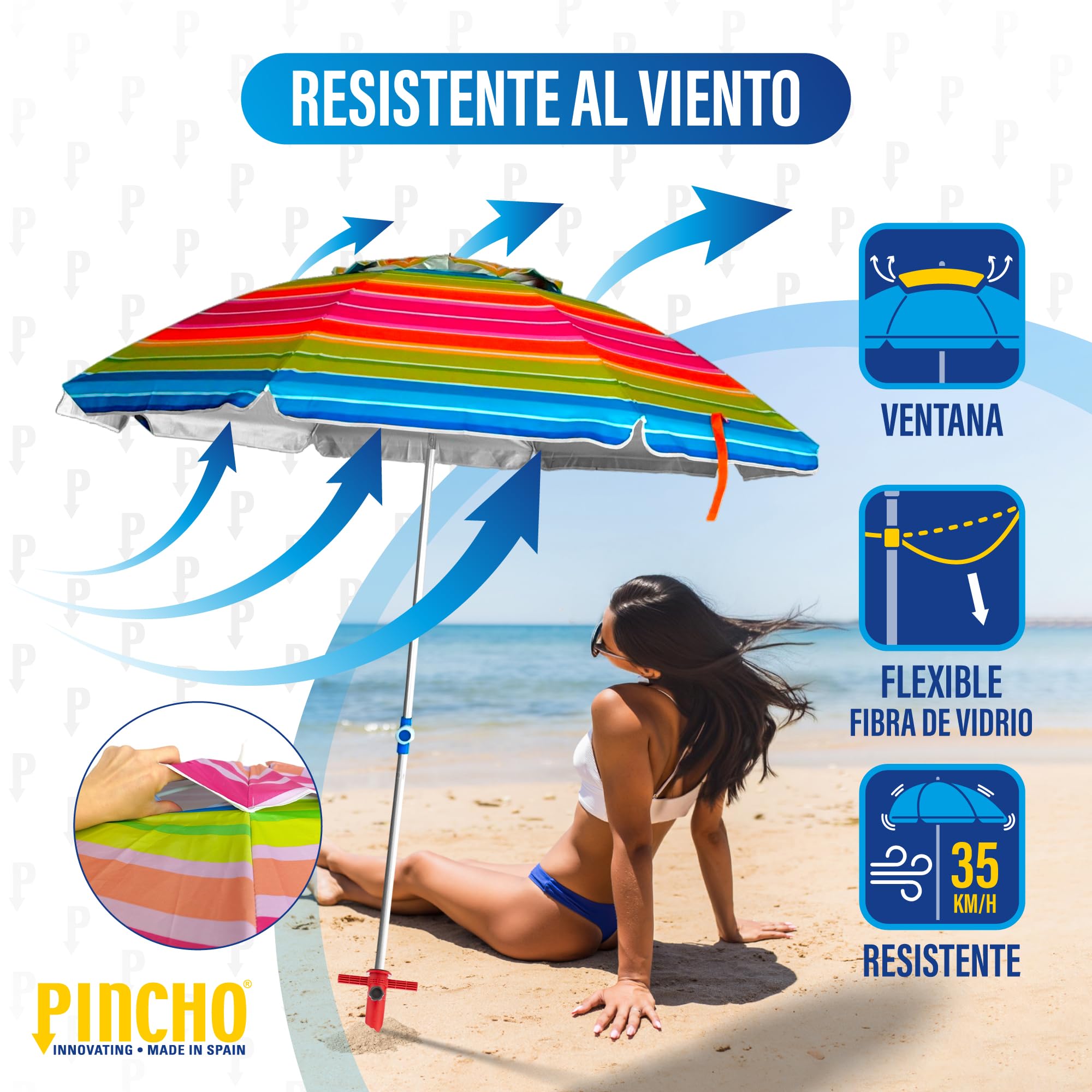 Szaszłyk Parasol Plaża 200 cm, Aluminium, UPF+50 blokuje 99% promieni UV, 8 prętów z włókna szklanego, bardzo lekki 1,5 kg, górne okno