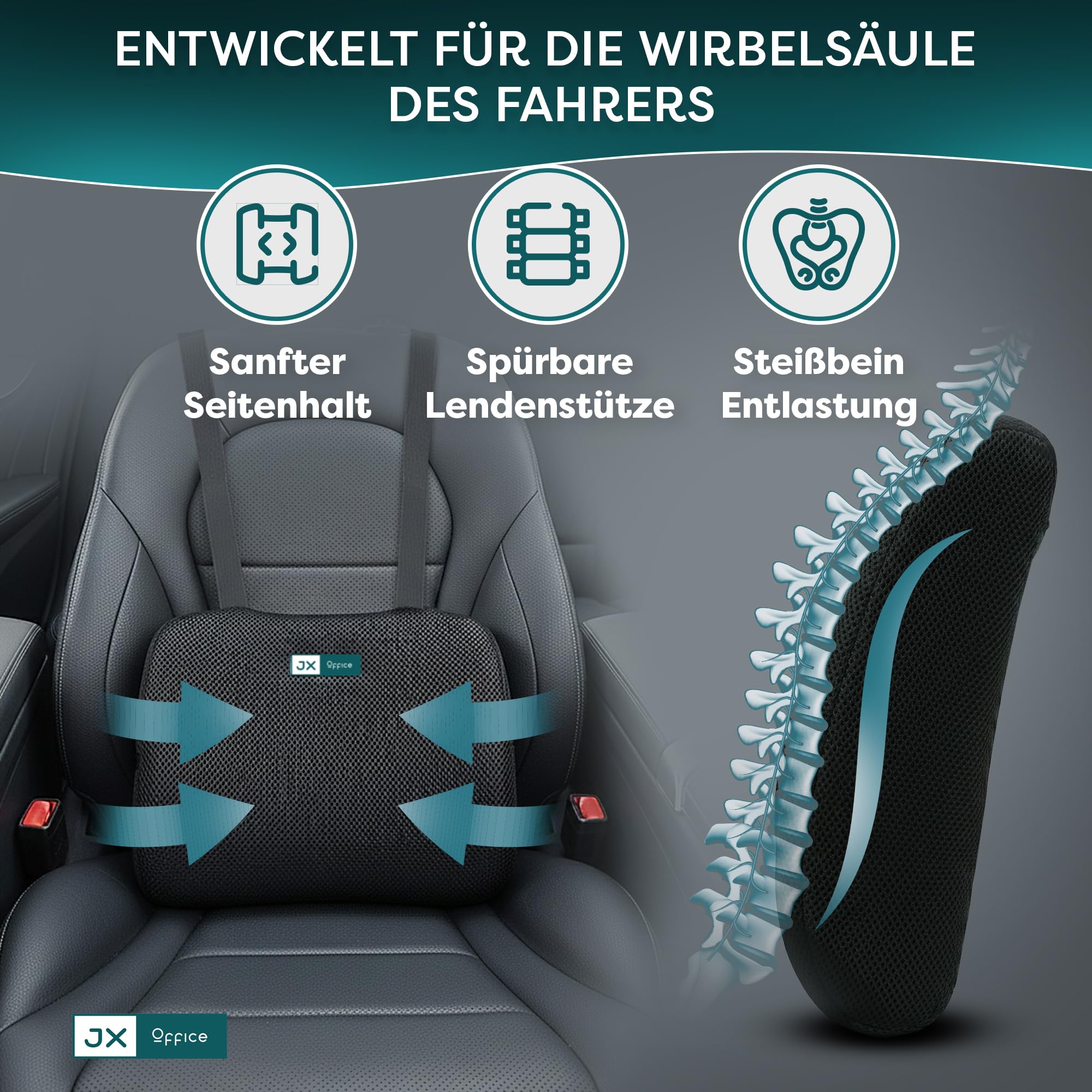 Rückenkissen – Ergonomische Lordosenstütze aus Memory Foam – Für mehr Sitzkomfort zuhause, im Büro & unterwegs –Schwarz- Auto Version