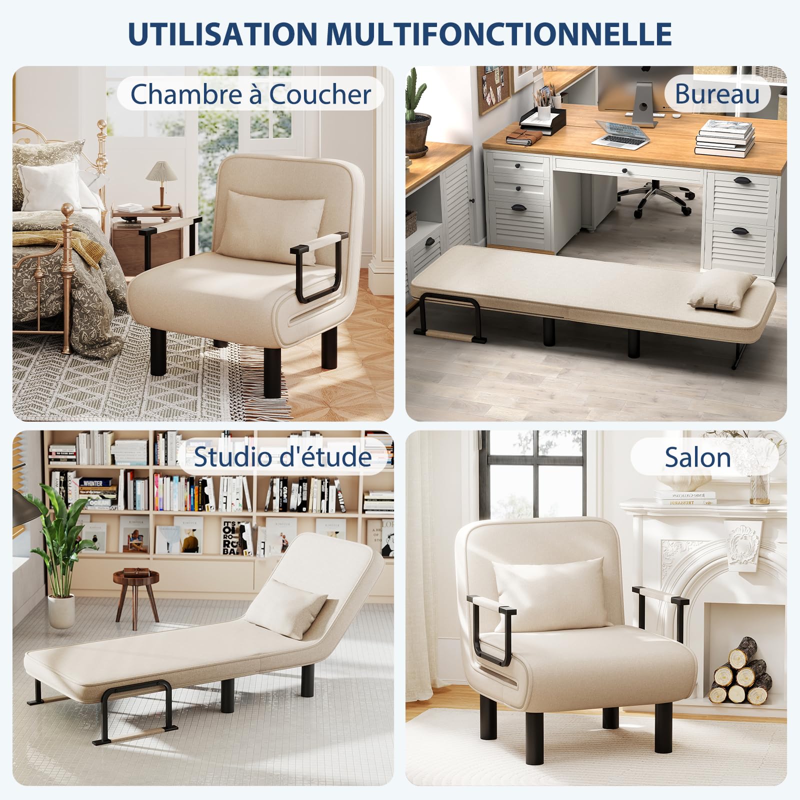Chauffeuse Canapé-Lit 4-en-1, Chauffeuse 1 Place, Fauteuil Lit Convertible, Lit d'Appoint Chaise Longue avec Dossier Réglable en 6 Positions et Coussin pour Salon Chambre Bureau, Beige