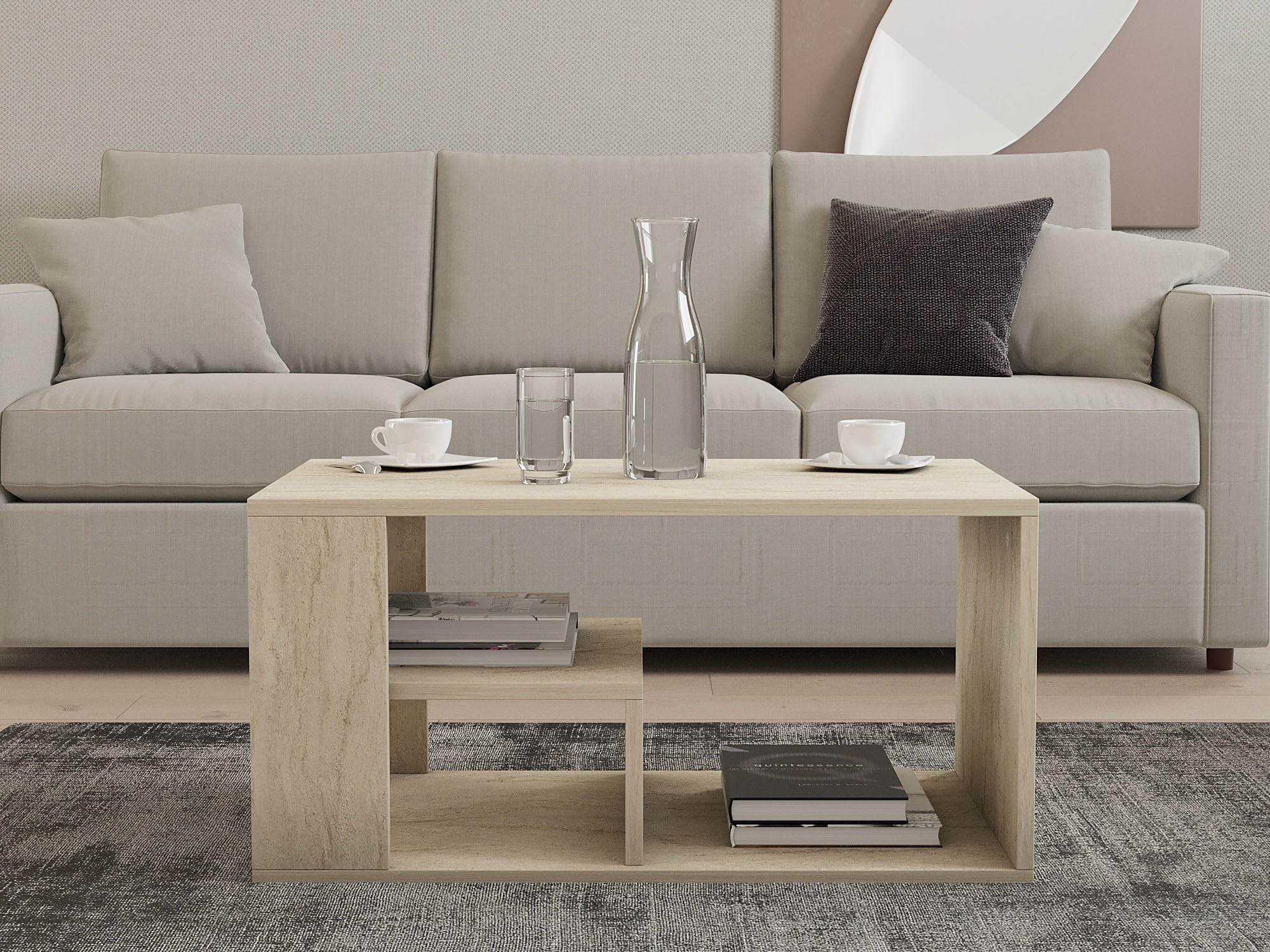 Dmora Table Basse Nomona 80 x 40 x 50 h cm Beige marbre 2 Compartiments Forme rectangulaire, dégradé Couleur Plateau marbre