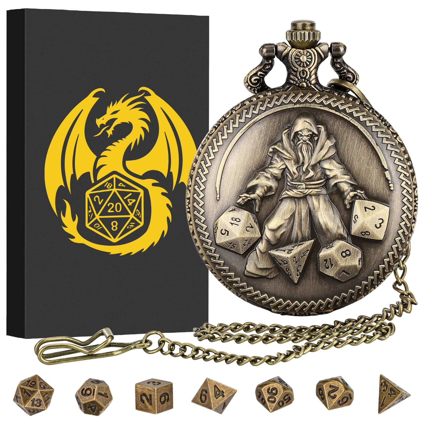 Mini DND Dice Set, Hand held Dice Wizard Pocket Watch Shell Case, 7 Piece Polyhedral Metal D&D Dice Set