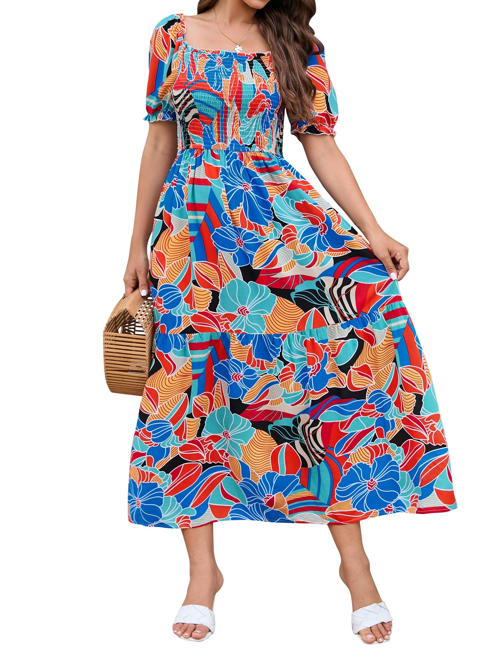 ZESICA Womens 2026 Summer Boho Floral Ruffle Maxi Dress | Square Neck Dress, Swing A Line Dress, Puff Short Sleeve, Ruched Long Dresses, Flowy Pleated Dress, Beach Vacation Dresses