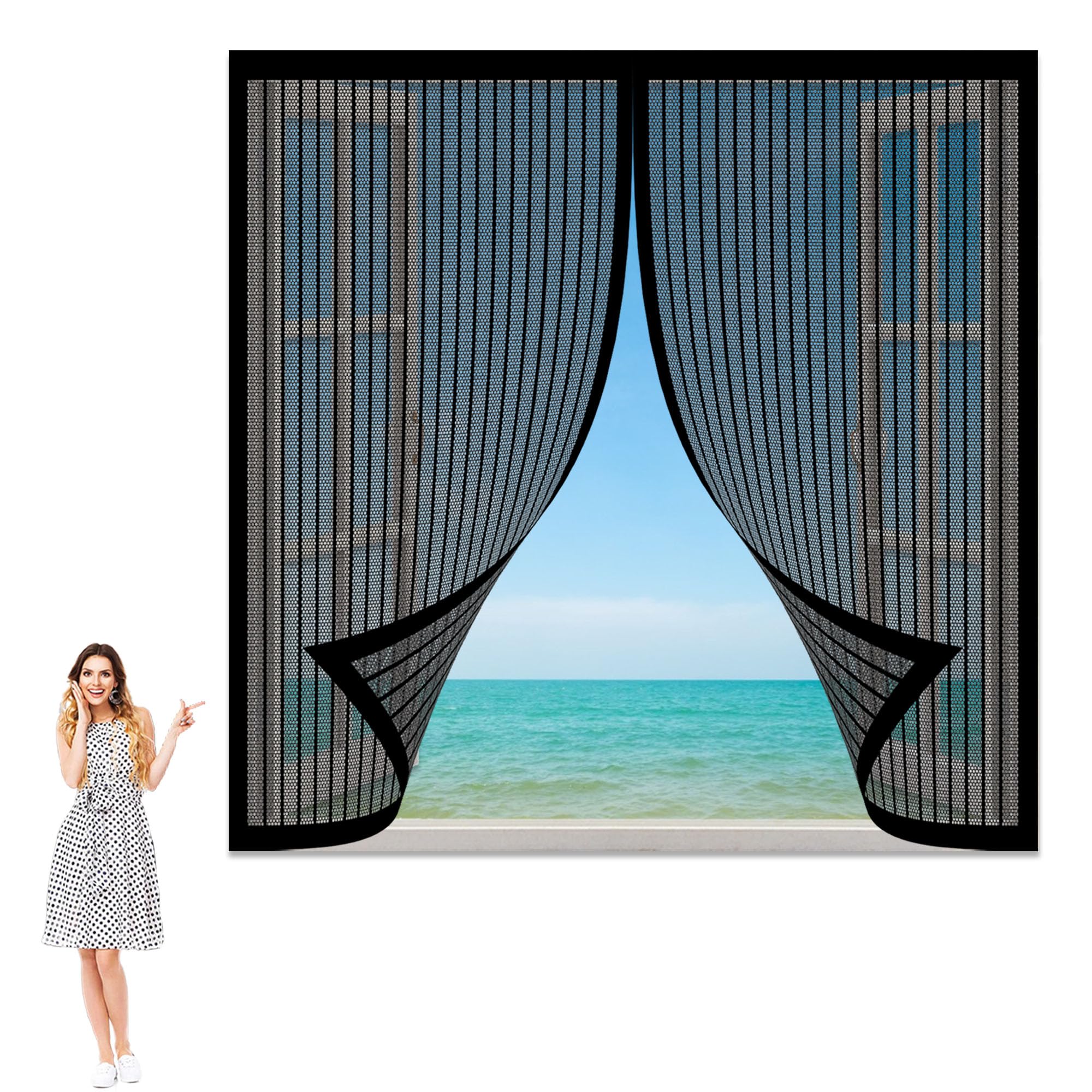 Fly Screens for Window 90 x 125 cm Adjustable DIY Window Screen with Tape and Closing Magnets Without Drilling for All Doors and Windows, Black