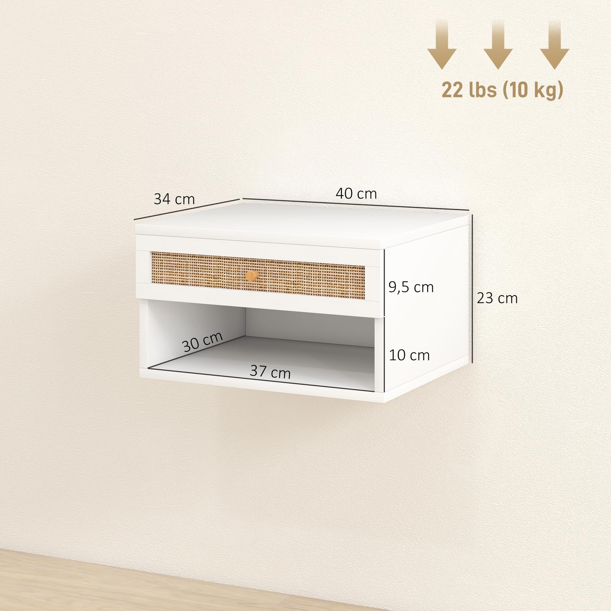 HOMCOM Set di 2 Comodini da Parete in Legno 40x34x23 cm | Comodino sospeso, cassetto scorrevole, ripiano, frontale in rattan intrecciato