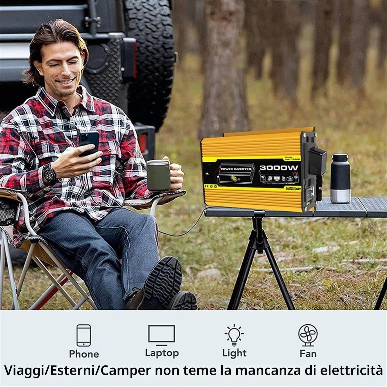 Power inverter Inverter Auto 4000W 12V A 220V/110V LED Convertitore Adattatore Caricabatterie Trasformatore Di Tensione USB Doppio Onda Sinusoidale Modificata(Yellow 3000W 12V to 220V)