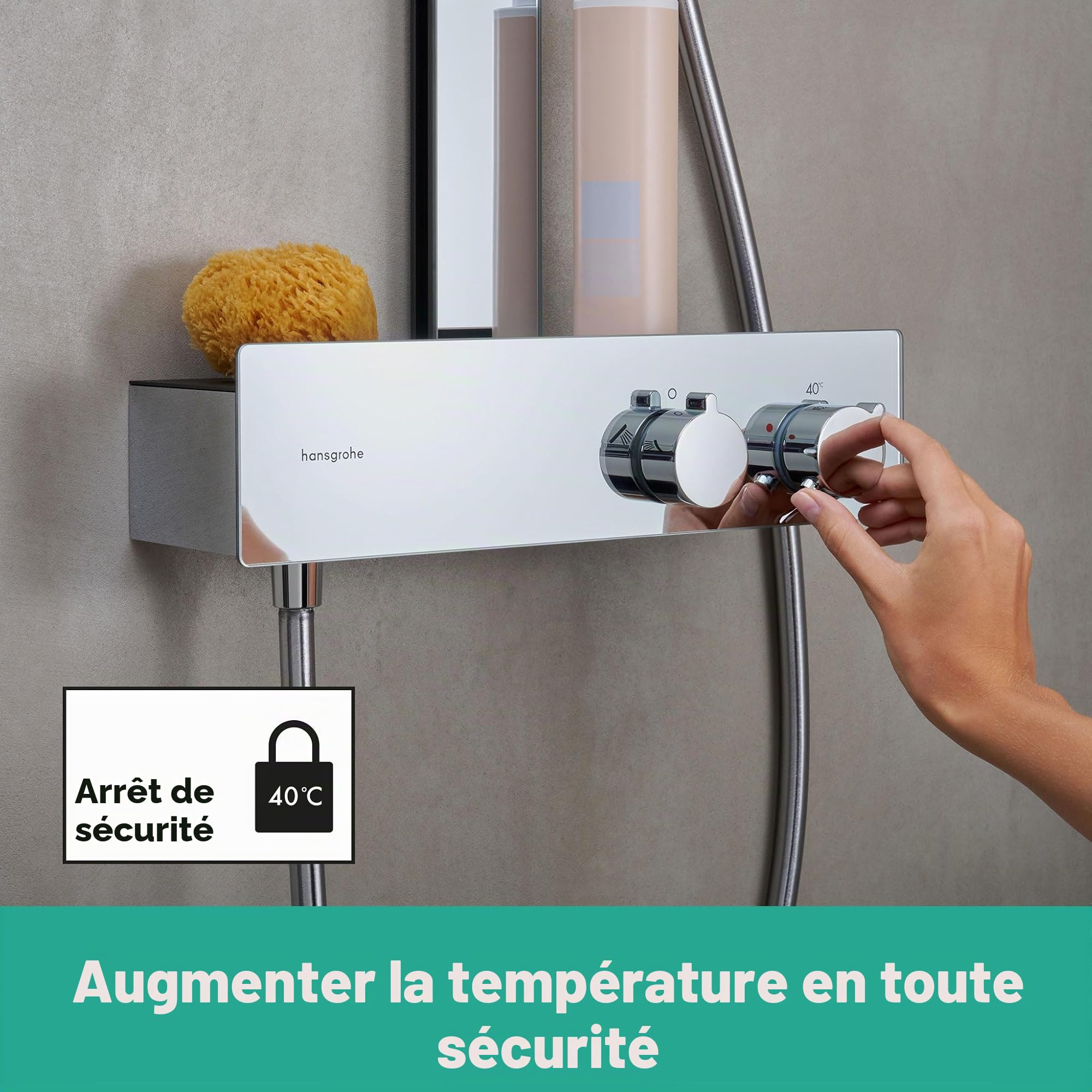 hansgrohe Rainfinity - Colonne de douche avec mitigeur thermostatique, douche pluie 360 mm avec robinet, douchette (3 jets), support, flexible, barre et douche de tête ronde 1 jet, Chromé, 26853000