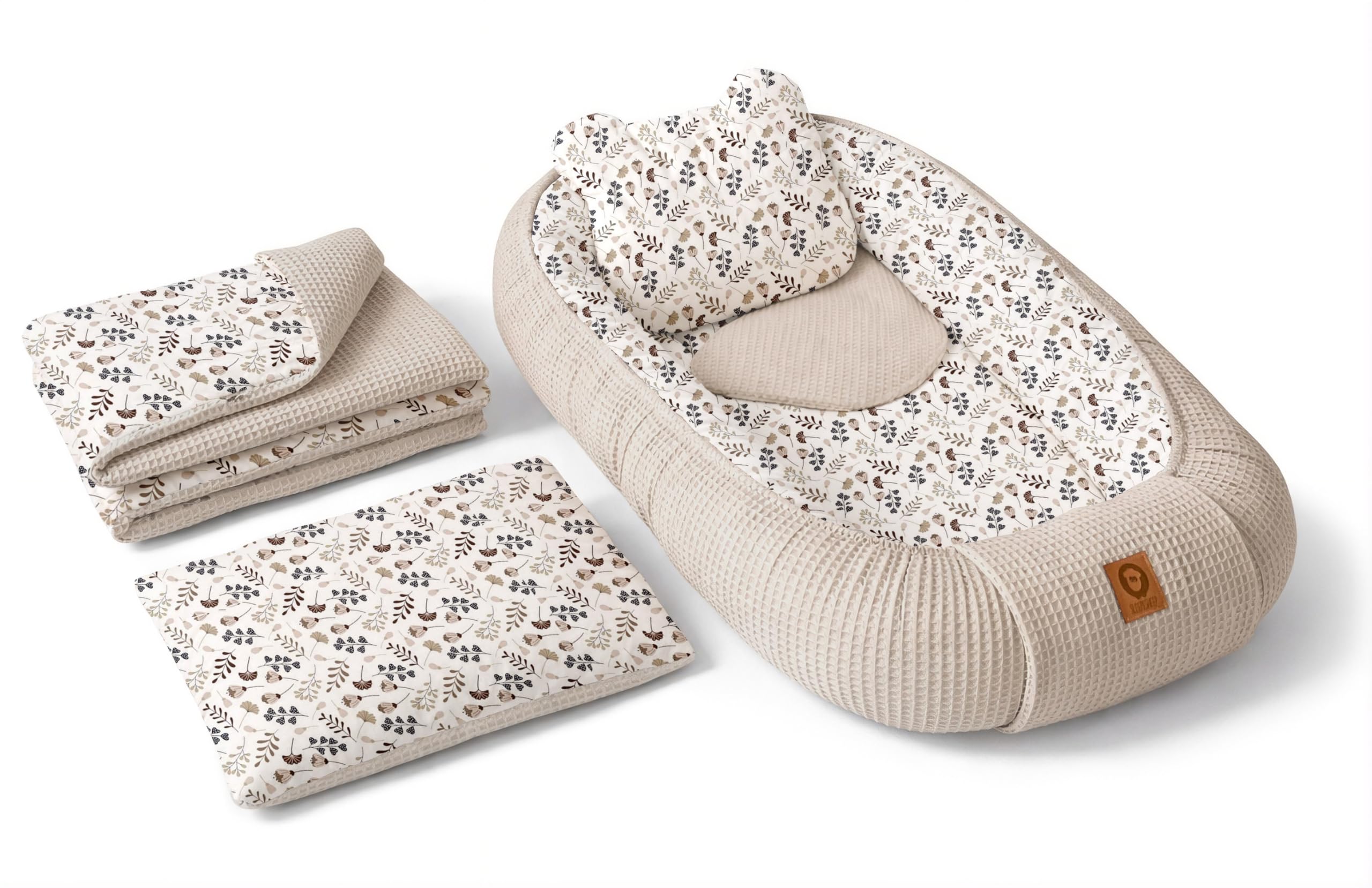 Babynest Nestchen Baby Set für Neugeborene – 5-teilig – Kuschelnest aus 100% Baumwolle & Waffelpique – Babykokon tragbar – für Babybett, Kinderbett & Kinderwagen – OEKO-TEX - Zweige und Sand