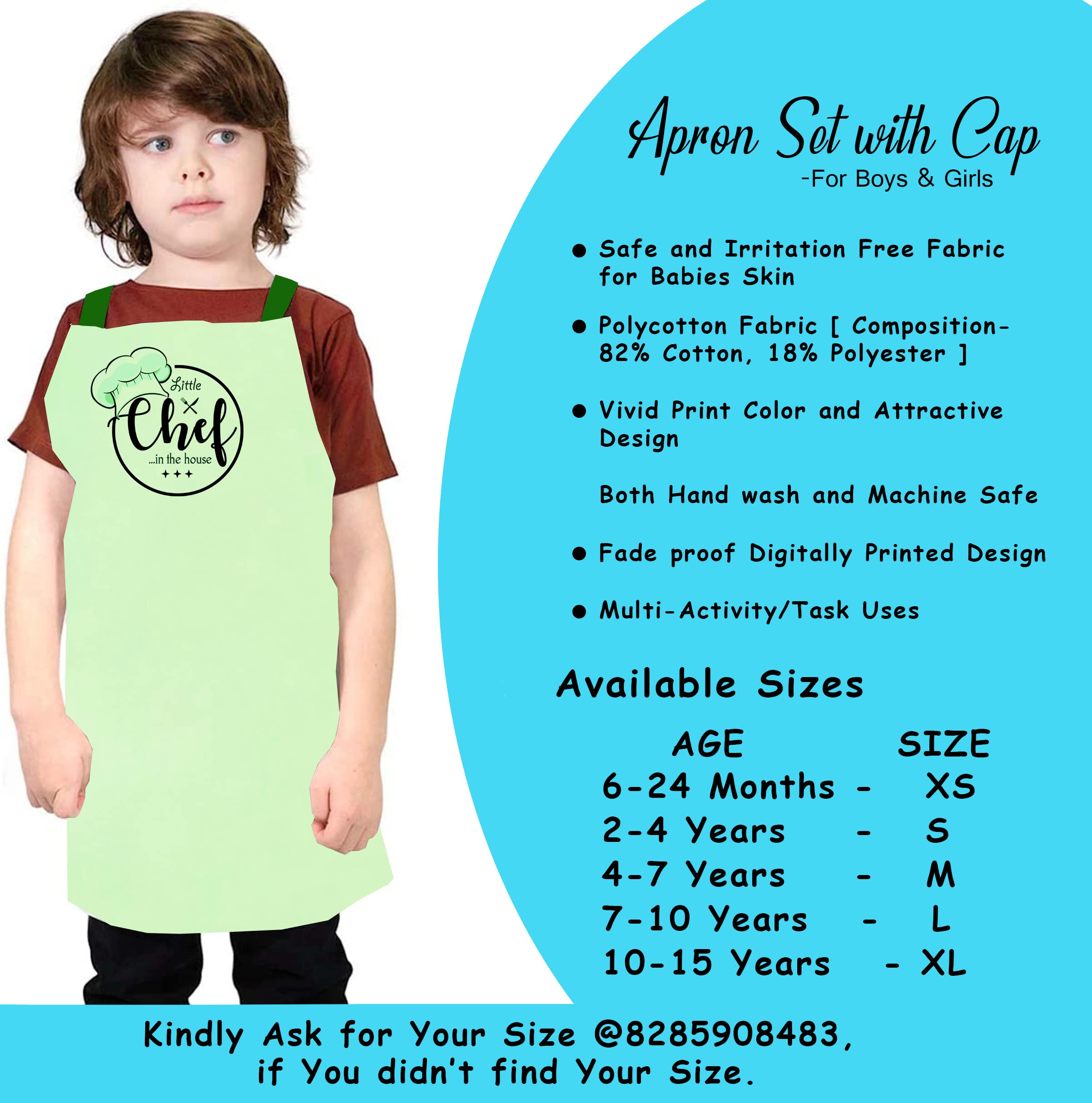 Style Secrets Little Chef Polycotton Chef Apron and Cap Costume for Babies, Kids for Photoshoot, Cooking, Fun Activity, Art n Craft etc. (2-4 Years, Sea Green) 2